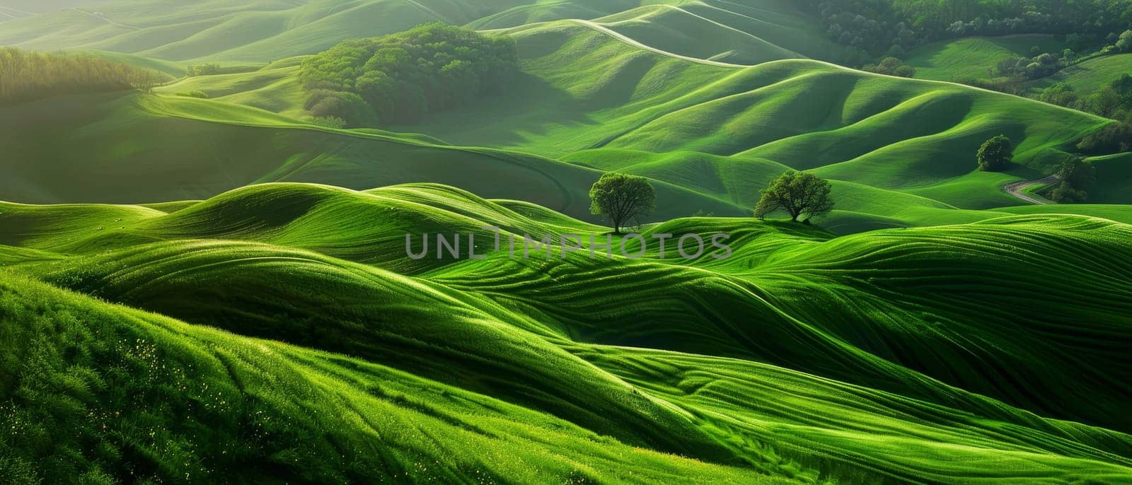 Gentle hills roll like emerald waves, with the vibrant greenery suggesting an oasis of tranquility in the heart of nature