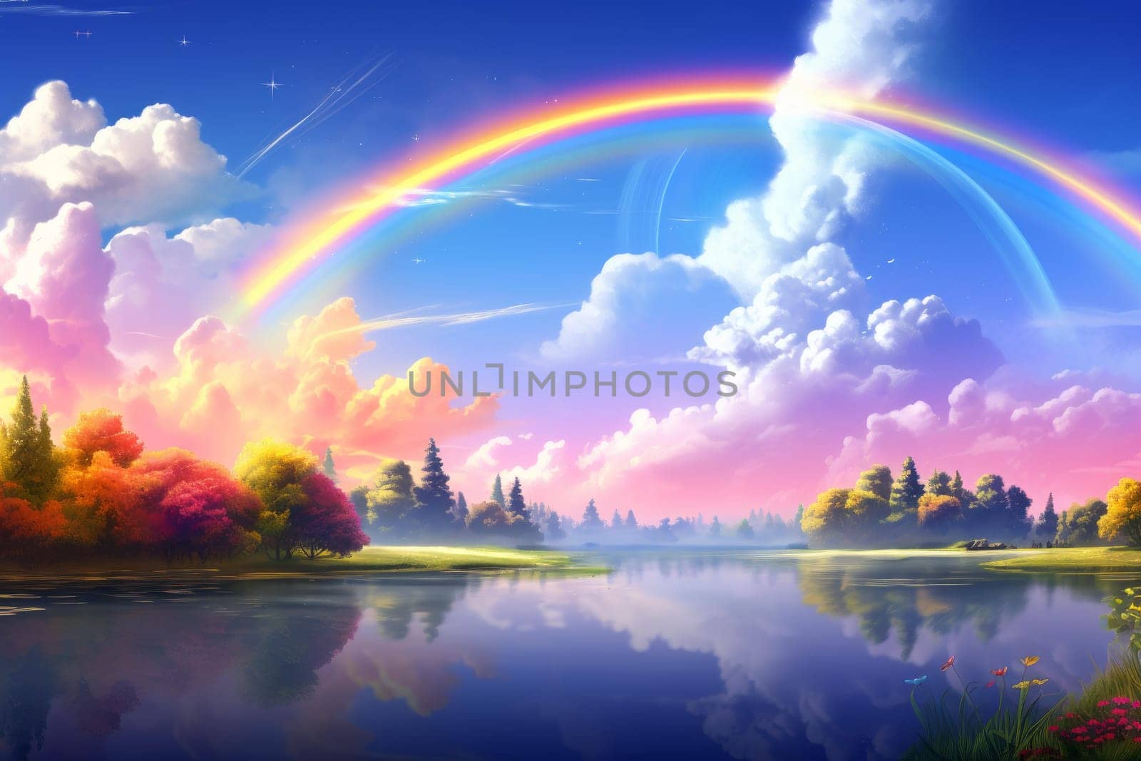 Summer landscape rainbow. Storm sun. Generate Ai