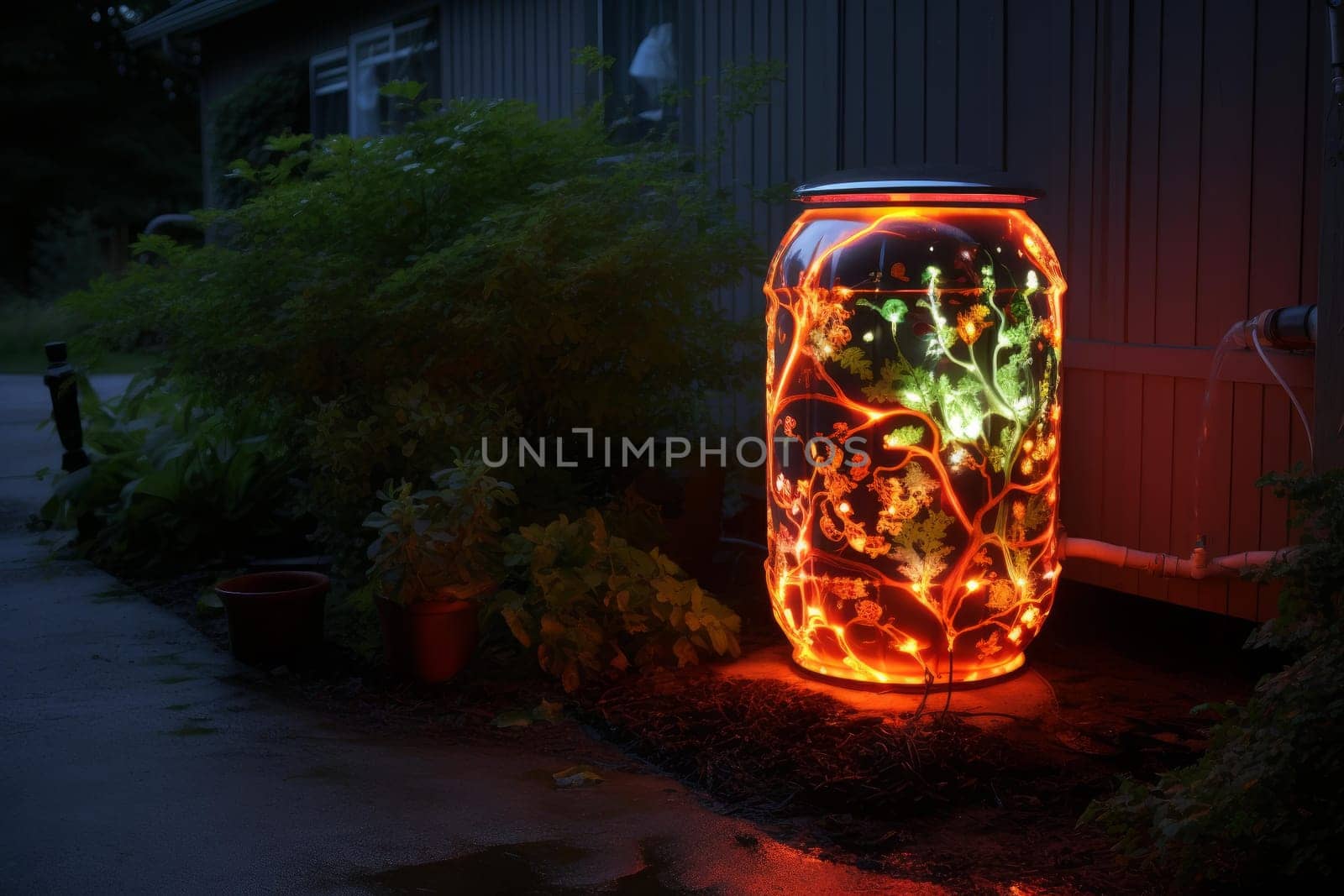Brown rain barrel glowing near the house. Rain water storage accumulation tool. Generate ai