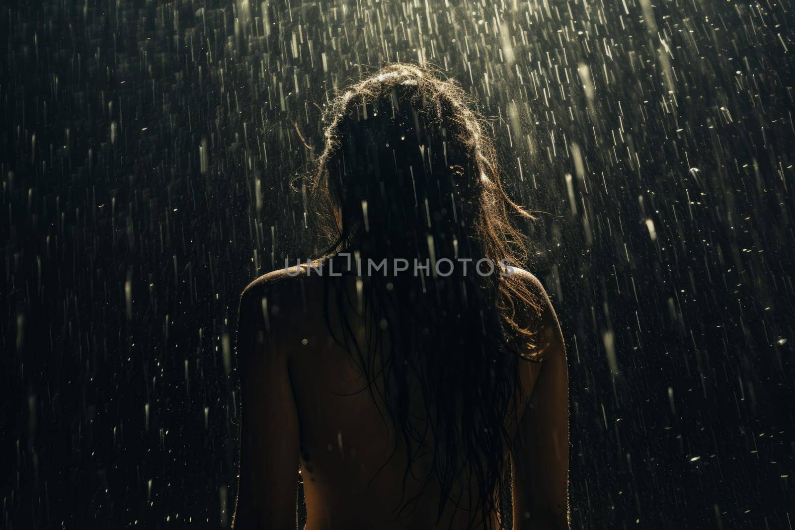 Woman rain poured flashed. Wet night. Generate Ai