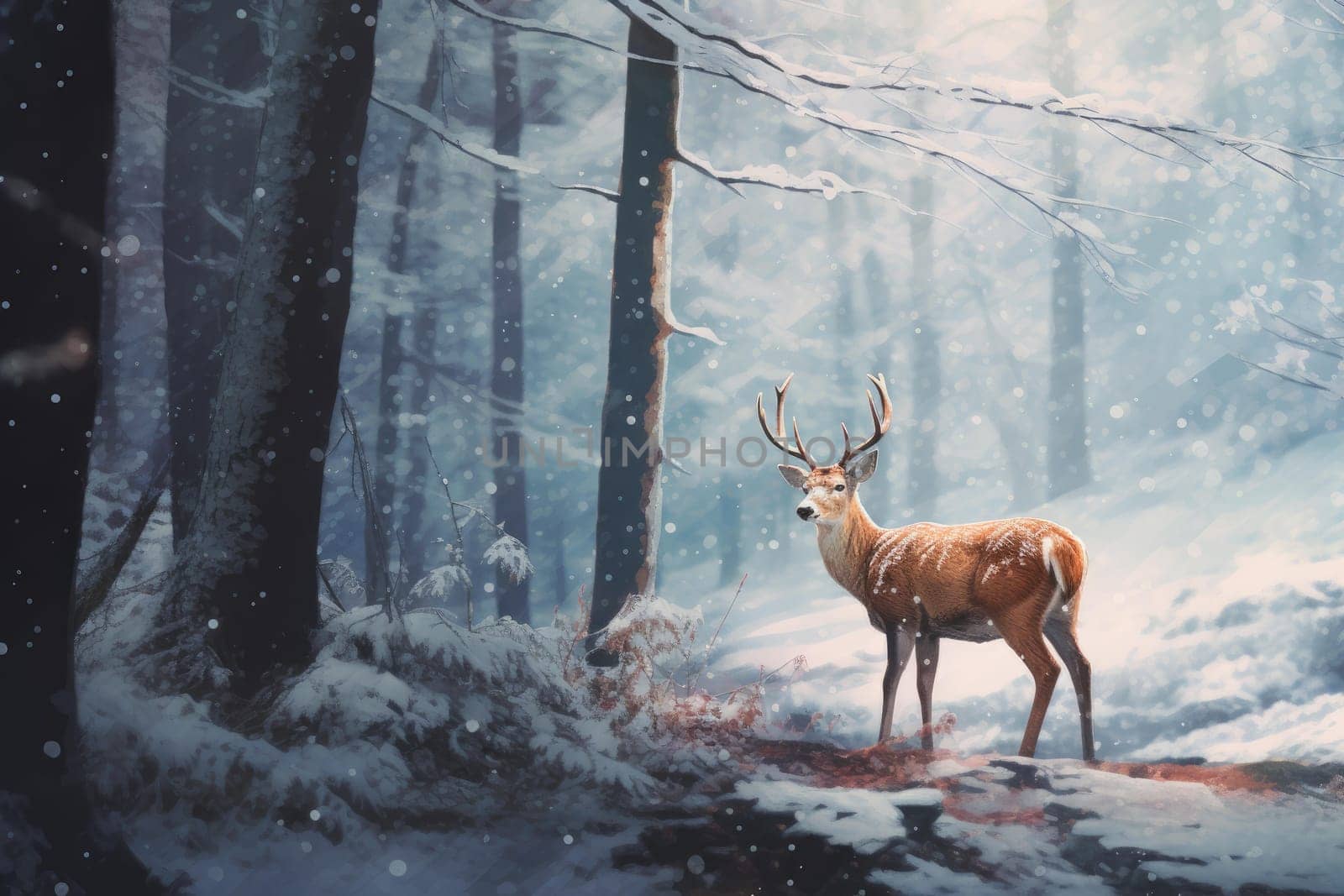 Reindeer snowy forest. Forest snow cold season outdoor. Generate Ai
