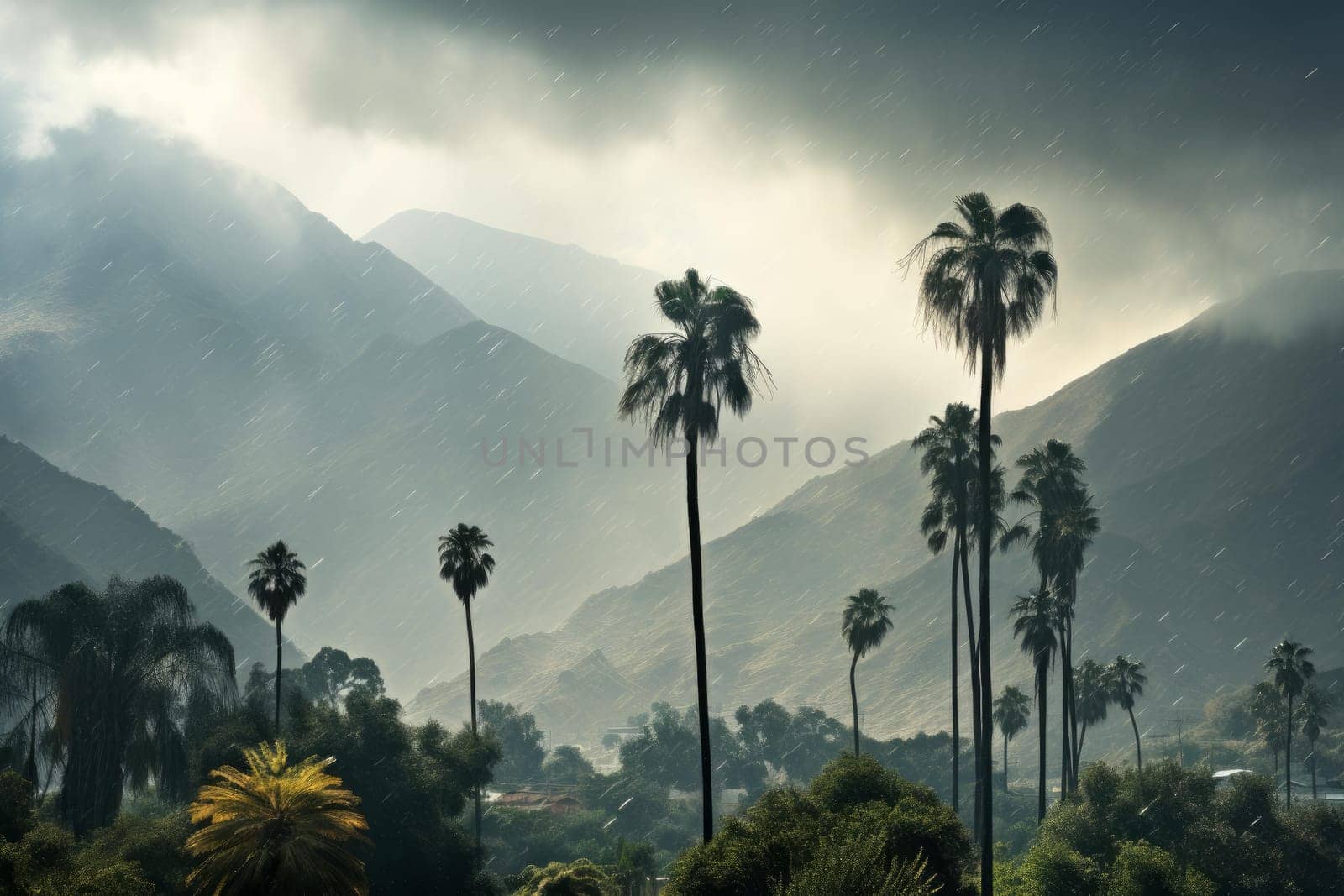 Palm tree on mountain rice plantation. Tropical palm tree in rainy storm weather. Generate ai