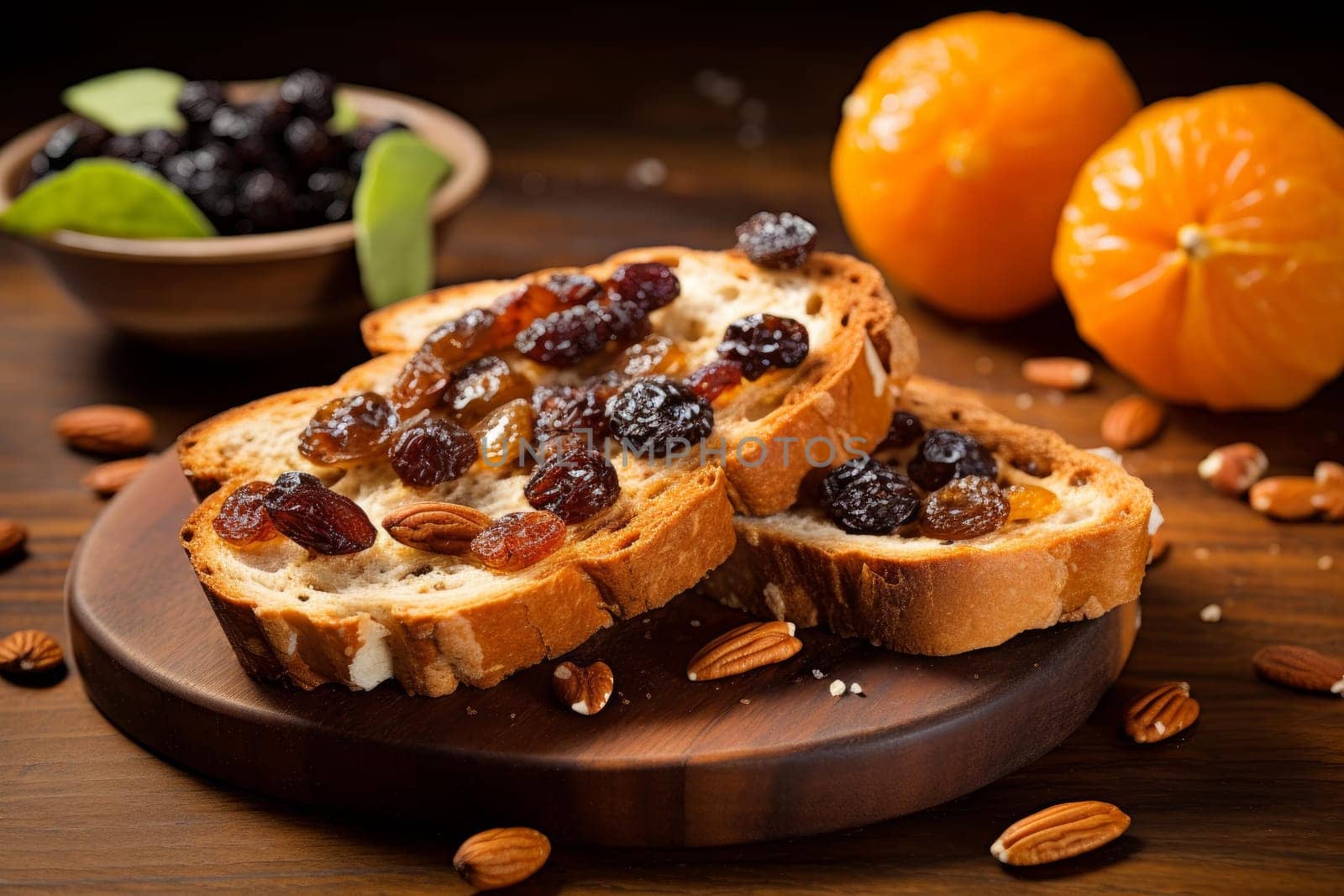 Raisin slices bread toast. Meal flour snack. Generate AI