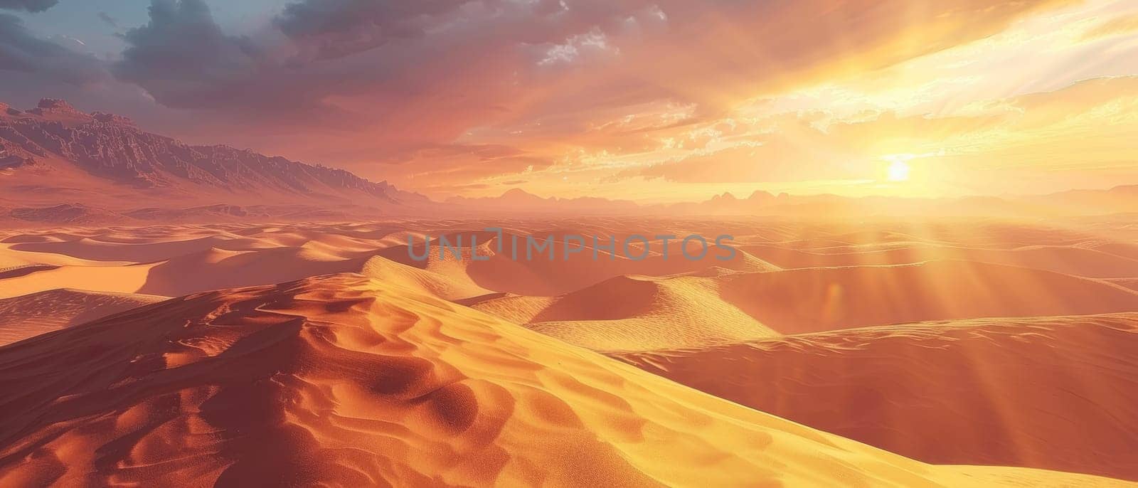 The sun rises over a vast desert, casting golden hues across the sand dunes. The interplay of light and shadow creates a dynamic and textured landscape