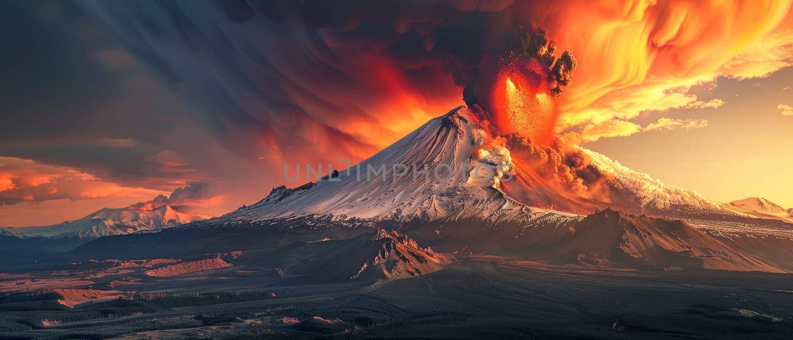 The dusk sky churns with the apocalyptic fury of a volcanic eruption, the fiery outflow mirroring the tumultuous clouds overhead. It is a scene of raw and untamed beauty