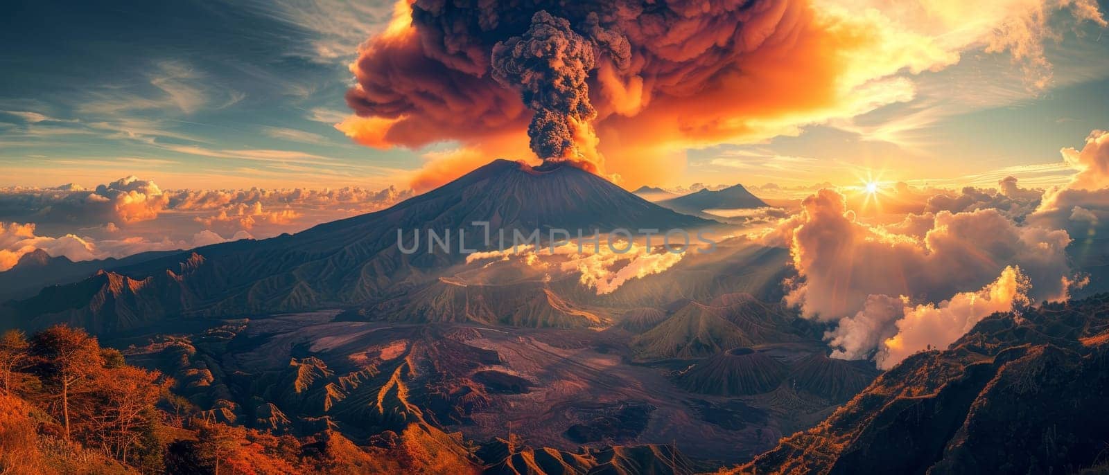 The sun rises over a majestic volcanic eruption, casting a warm glow across the expansive landscape. This panoramic view captures the stunning interplay of light and geological might