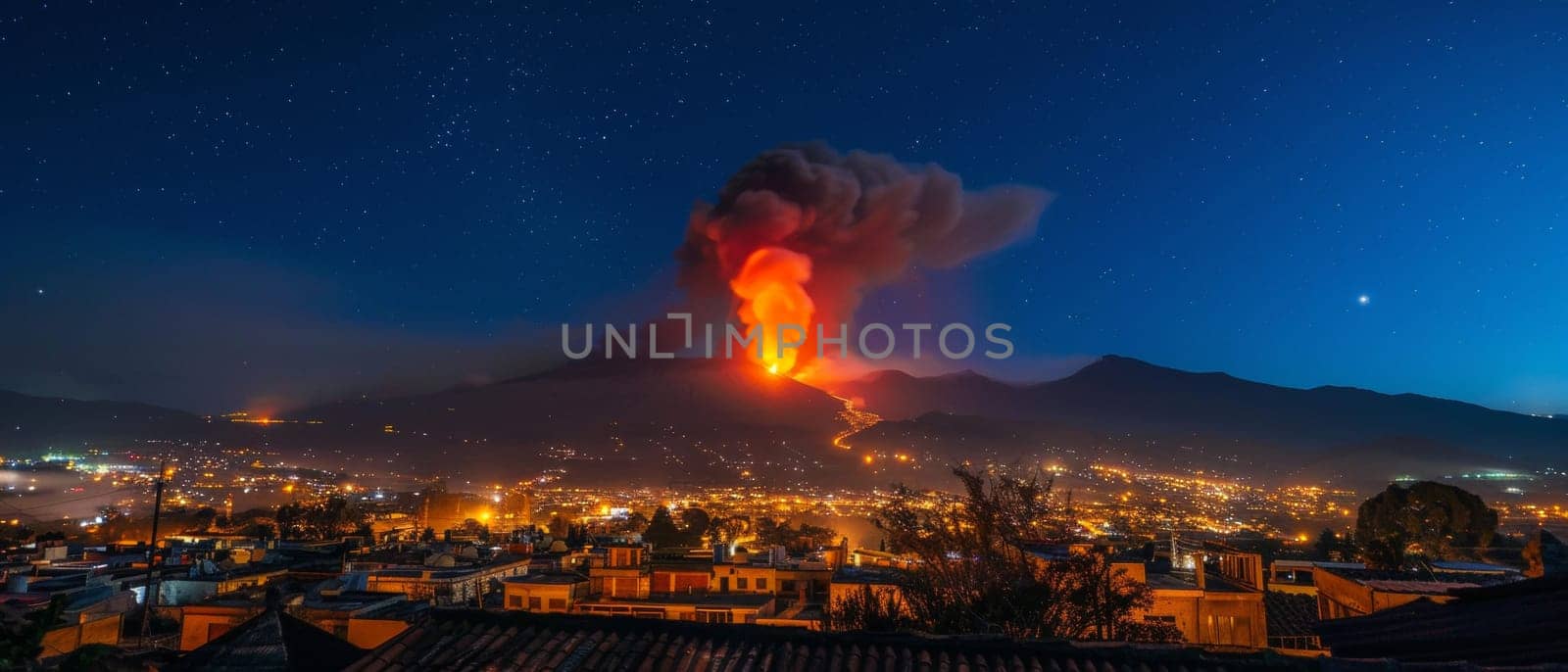 An urban skyline is bathed in the ominous glow of a volcanic eruption at night, a stark reminder of nature's proximity. The city lights blend with the natural inferno