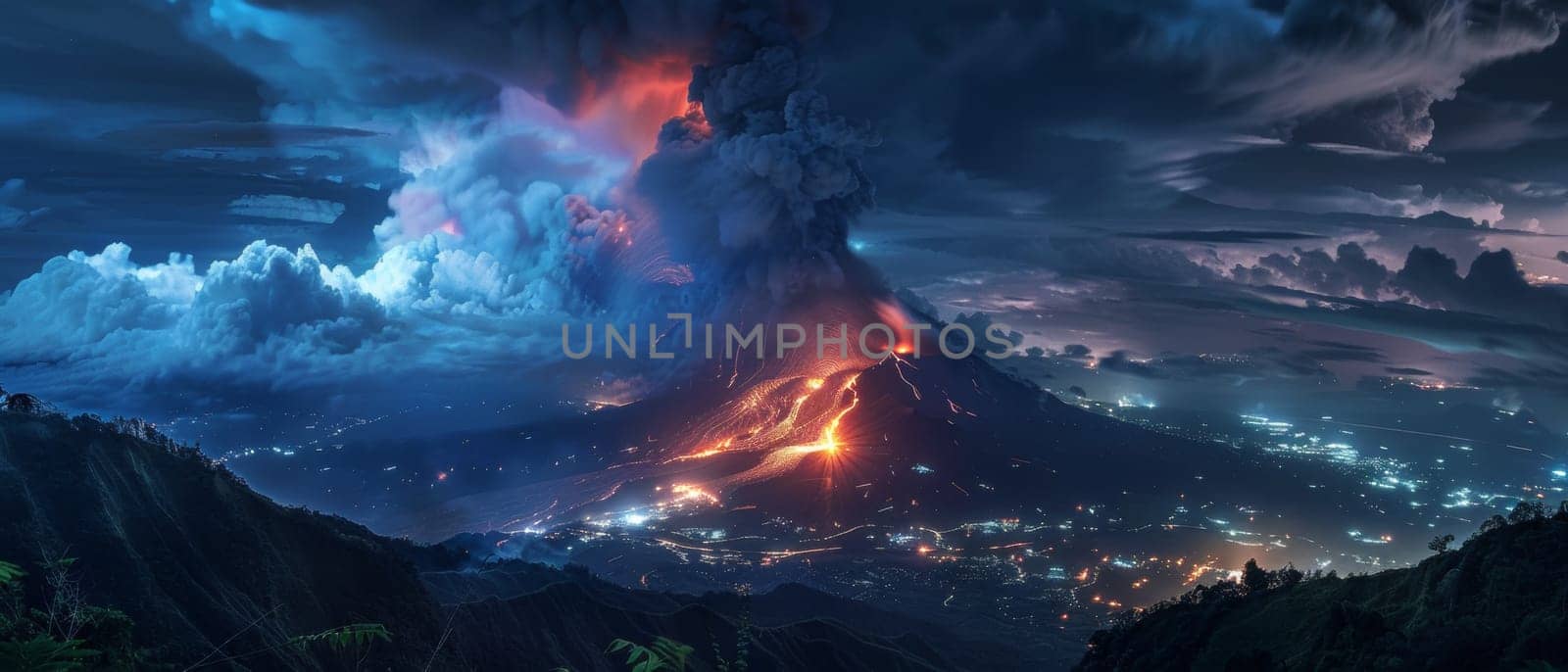 The infamous Mount Vesuvius erupts under a starlit sky, its molten rivers carving paths of light through the darkness. This captivating scene highlights the turbulent beauty of an active stratovolcano