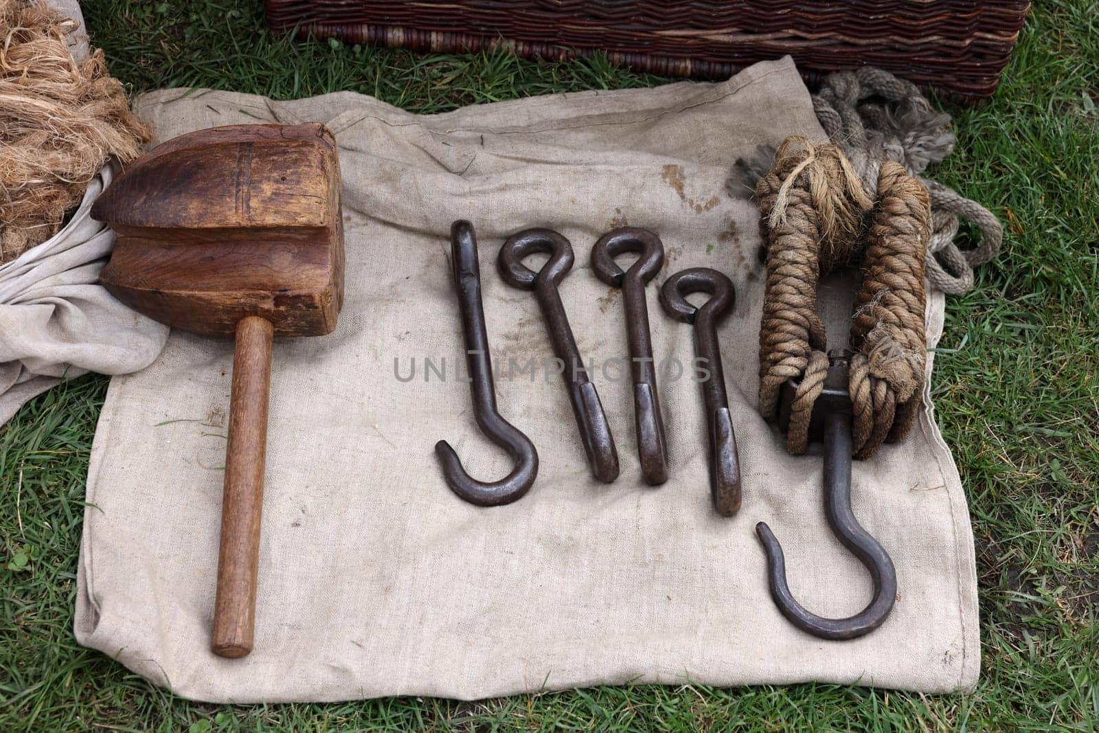 Handmade imitations of medieval tools in knight camp at the festival of historical reconstruction in Cracow. Poland