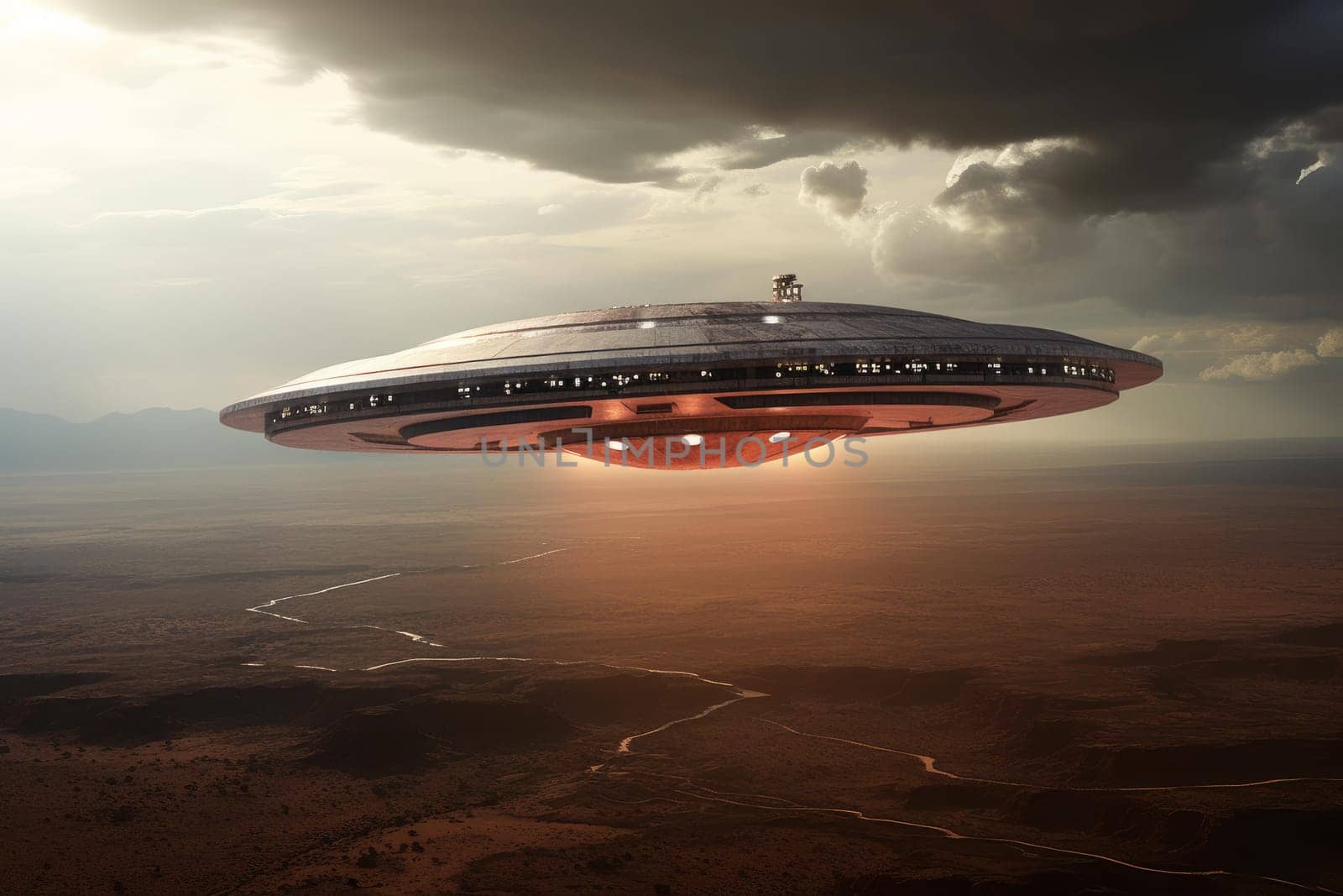 Ufo neon ship. Star visitor wall. Generate Ai