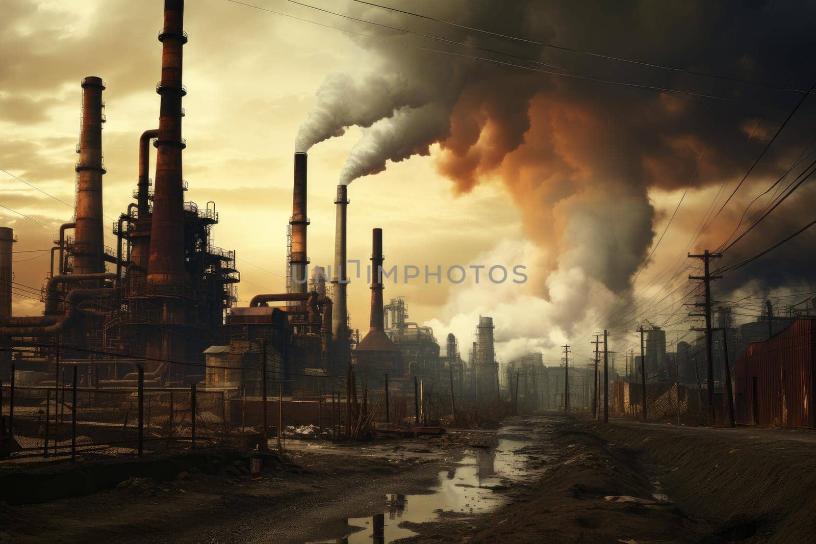 Smokestacks city sunset. Pipe tower. Generate Ai