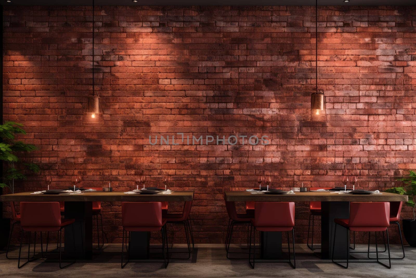 Red brick wall restaurant light. Wooden shop. Generate Ai