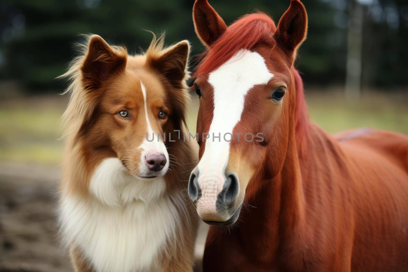 Energetic Collie dog horse day. Two love mammals. Generate Ai