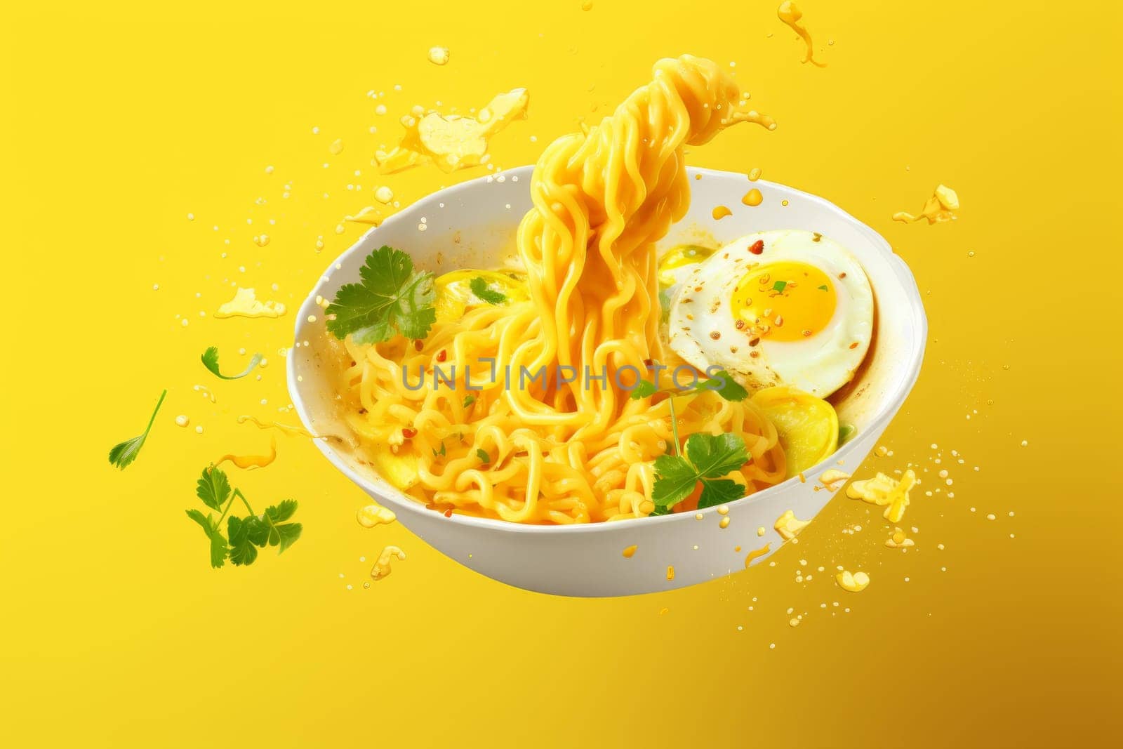 Ramen yellow background. Asian meal. Generate Ai