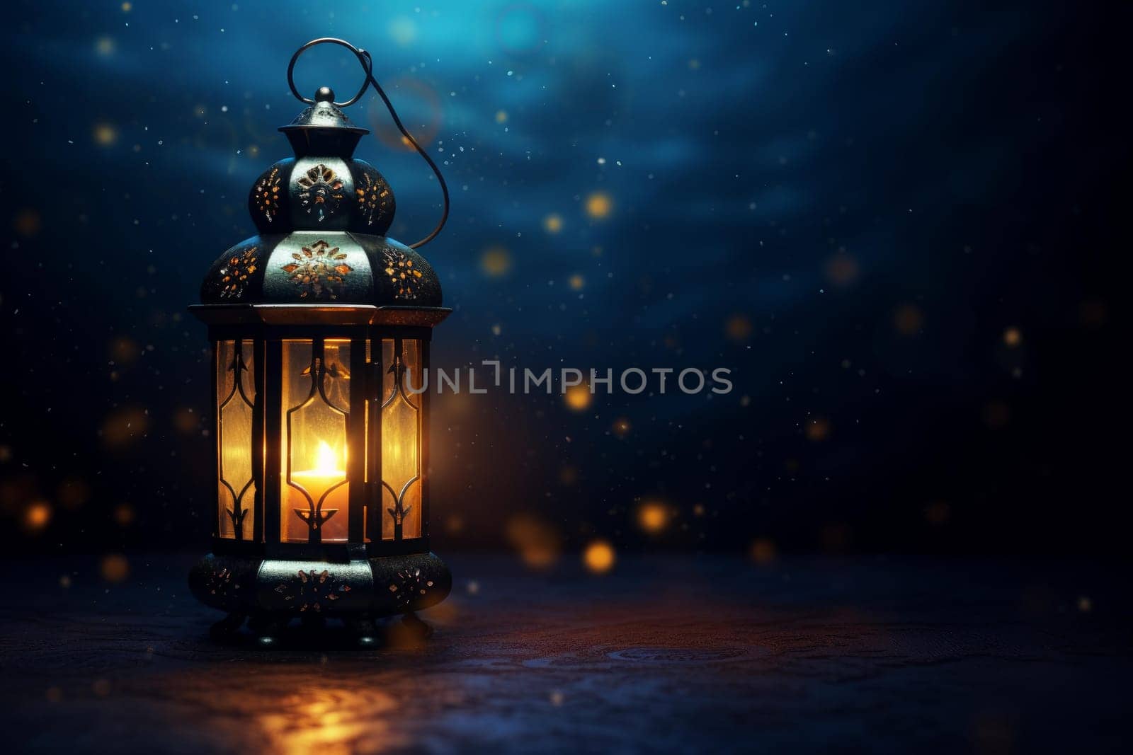 Ramadan lantern moon background. Night lamp holy evening moon. Generate Ai