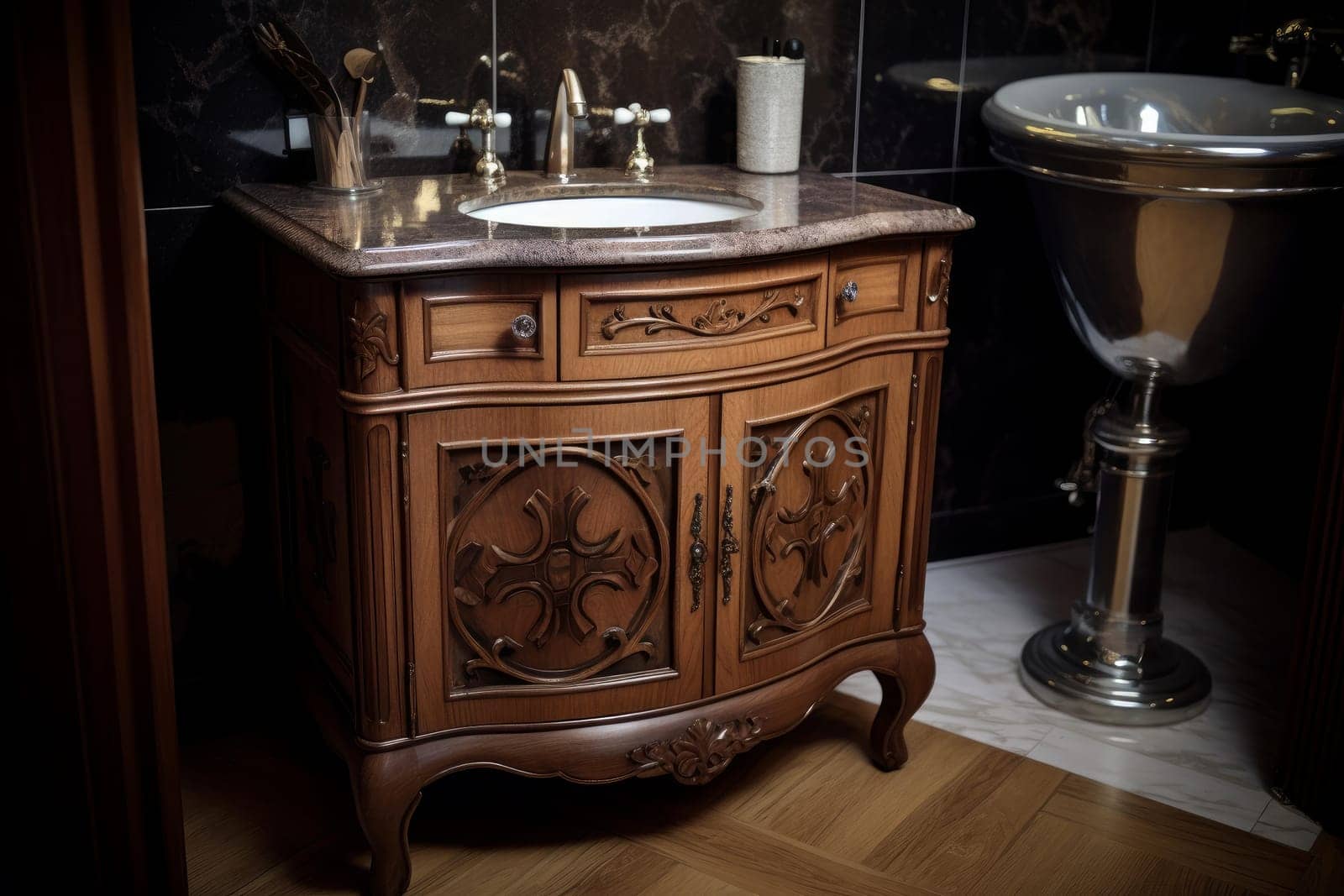 Washbasin cupboard bathroom. Mirror cabinet. Generate Ai