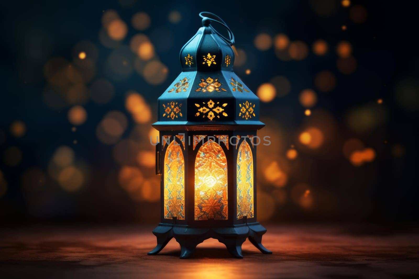 Ramadan lantern glowing background. Holy lamp moon fabric fasting. Generate Ai