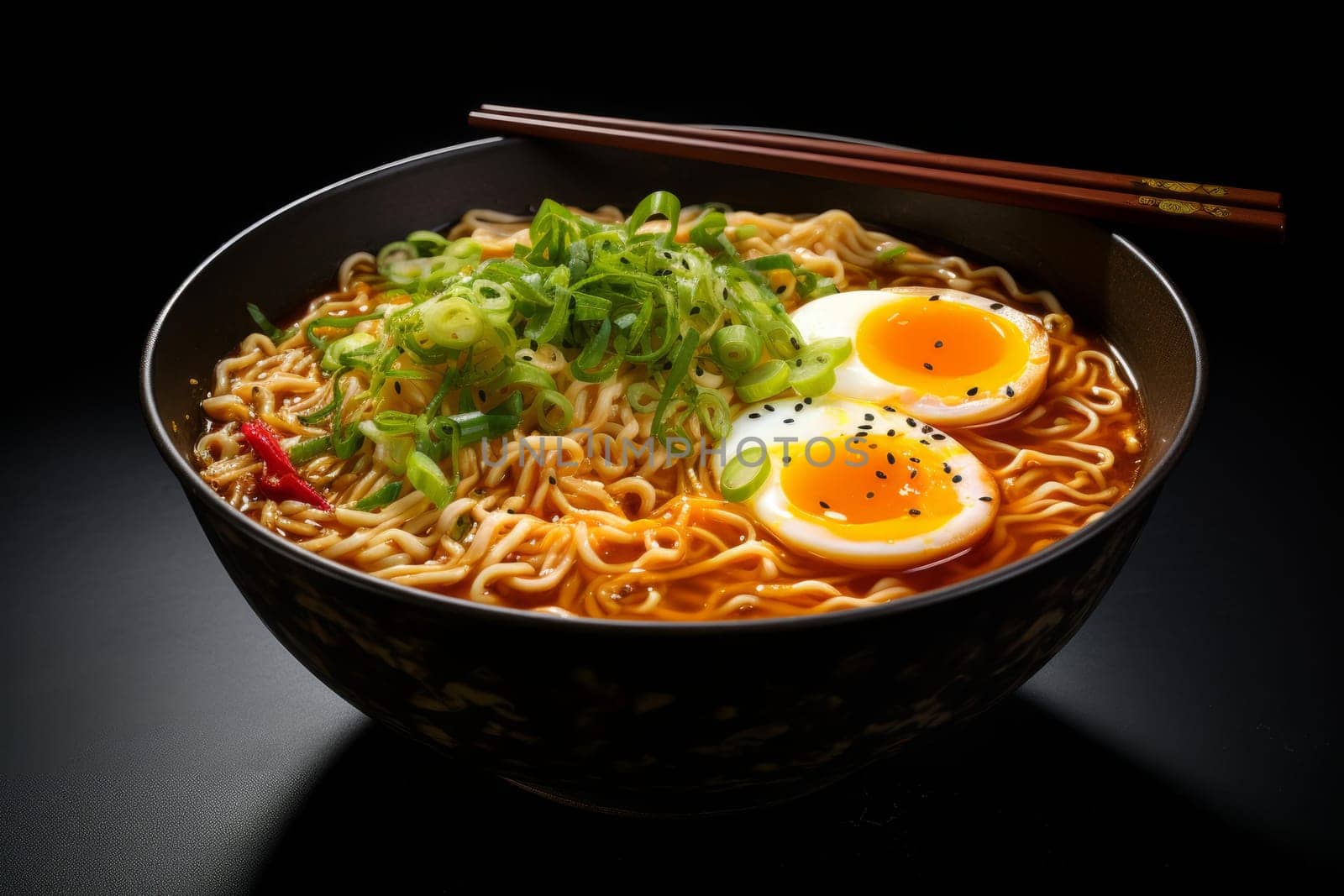 Ramen noodle soup. Meal meat cooking. Generate Ai