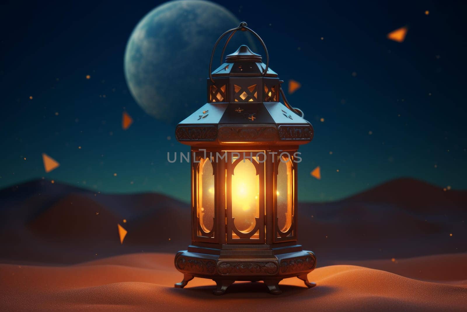 Ramadan lantern in dark desert. Muslim traditional religious candle fasting holy month. Generate ai