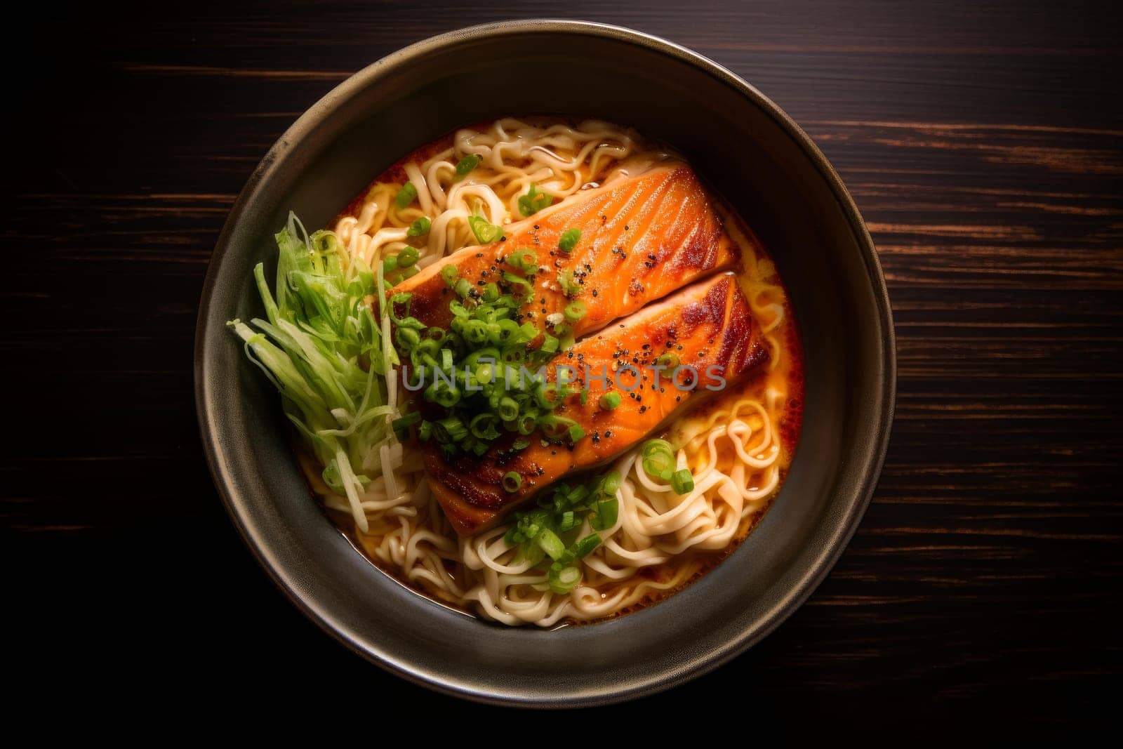Coconut salmon ramen. Table fish food. Generate Ai