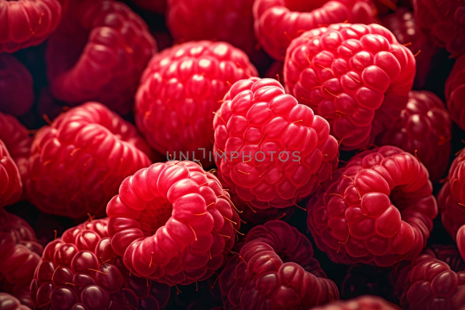 Raspberry bush closeup. Ripe fresh fruit. Generate Ai