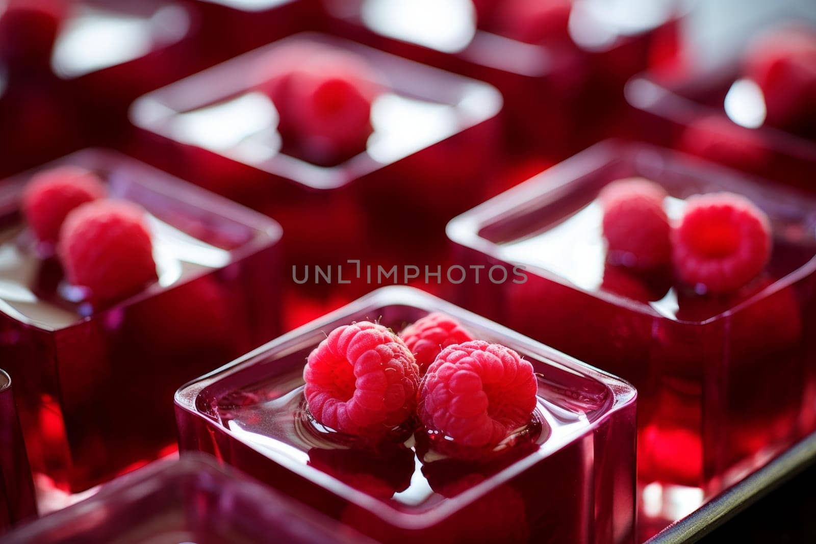 Raspberry jelly shots. Gelatin dessert snack macro shot. Generate Ai