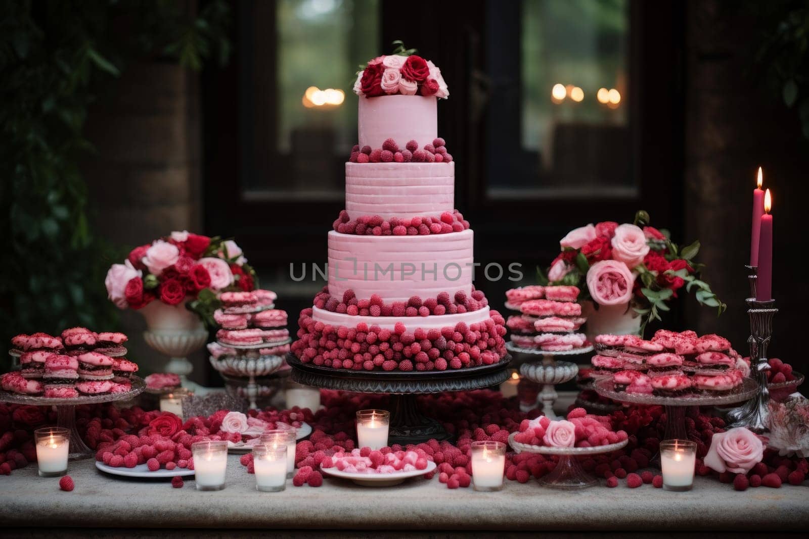 Raspberry cake on table. Pastry food. Generate Ai
