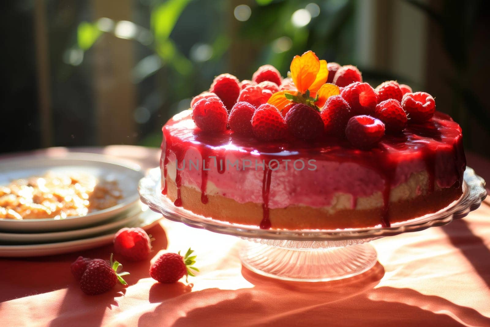 Raspberry cake in sunlight. Slice pastry. Generate Ai