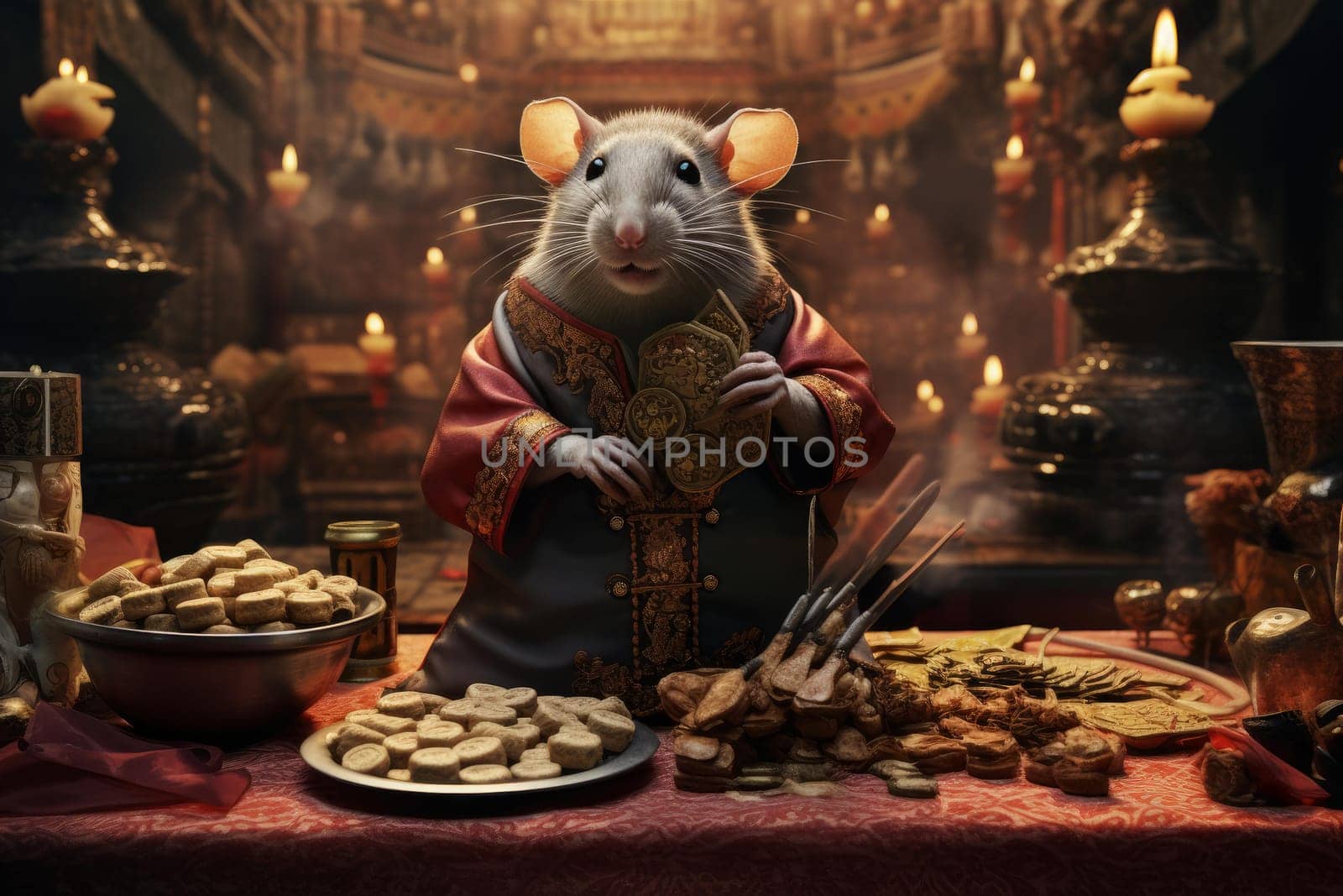 Traditional Chinese new year rat. Oriental mouse figurine in culture Asian clothes. Generate ai