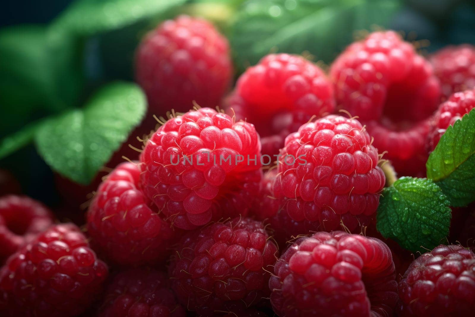 Raspberry closeup cinematic. Macro plant. Generate Ai