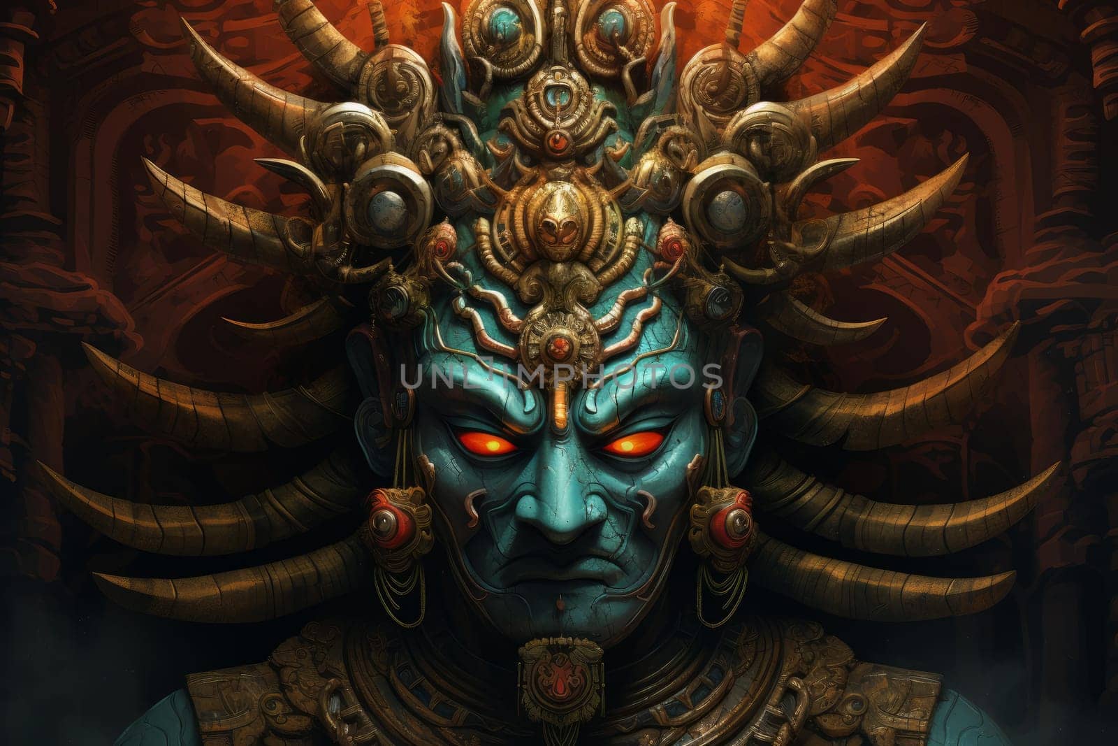Ravana indian demon. Rugged mystical and horned creature with great strength. Generate AI