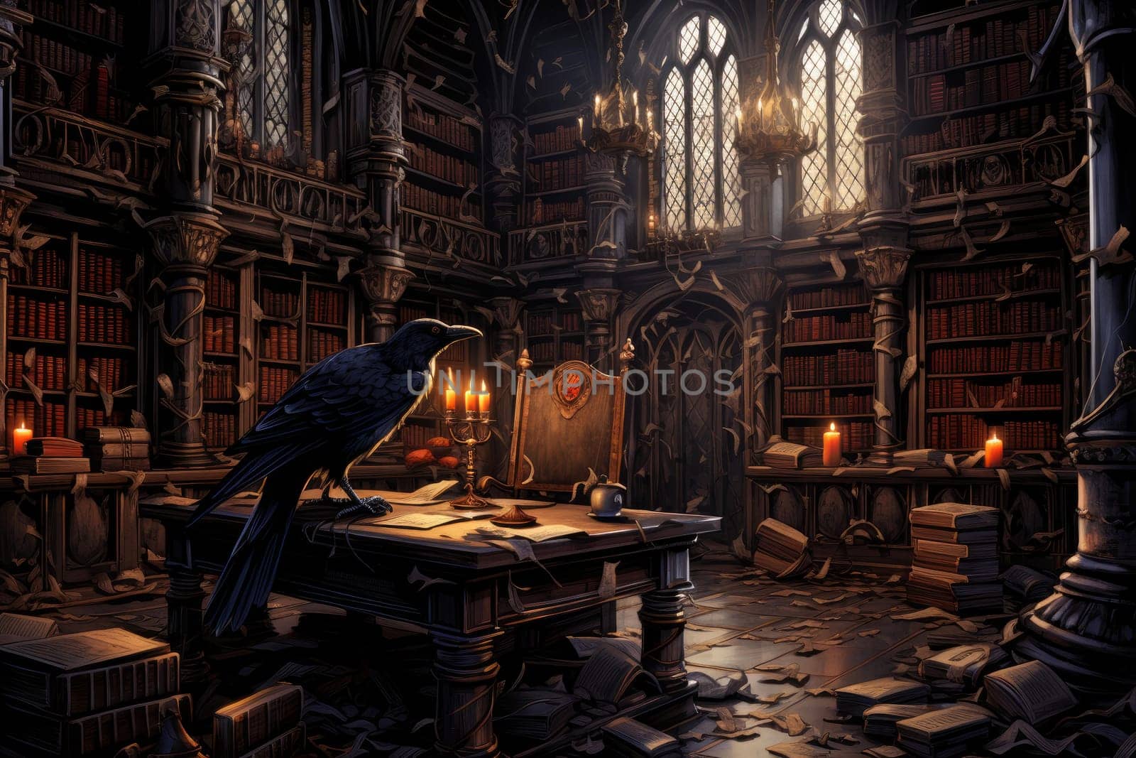 Raven ancient library. Paper art. Generate Ai