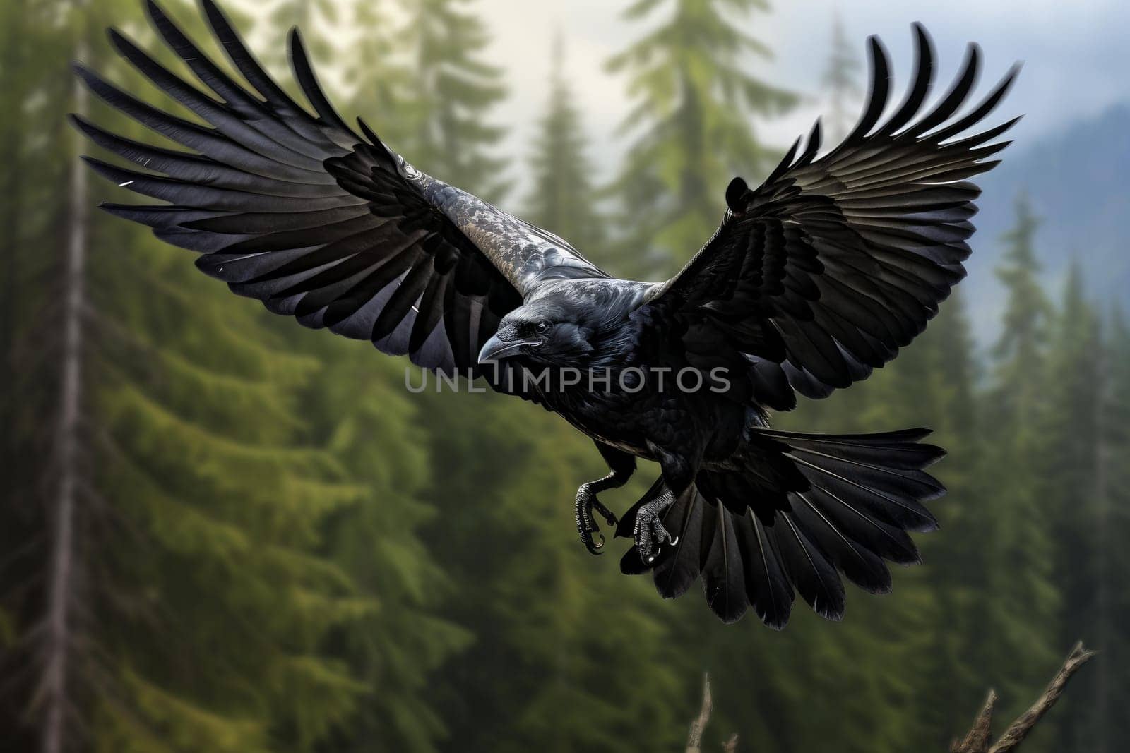 Raven bird fly closeup. Ink animal. Generate Ai