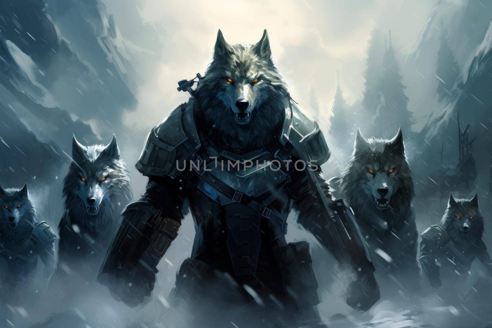 Rebels wolfs fantasy dark. Spear animal. Generate Ai