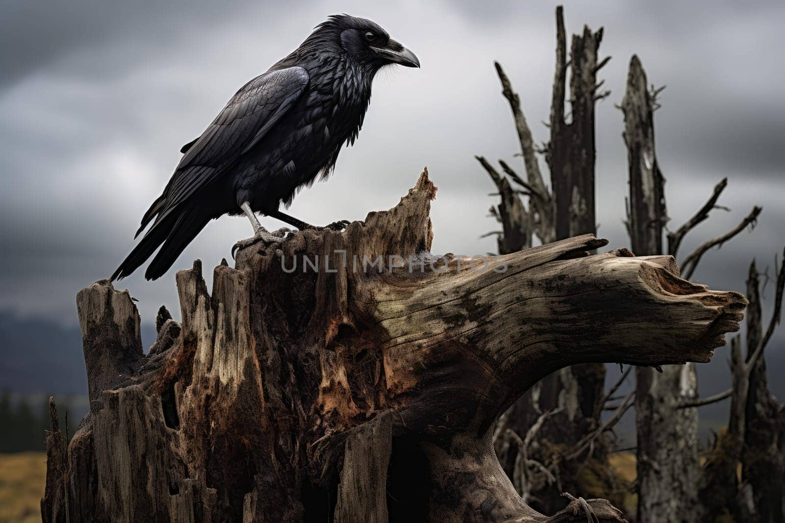 Raven on old stump. Nature avian fly beak forest. Generate Ai
