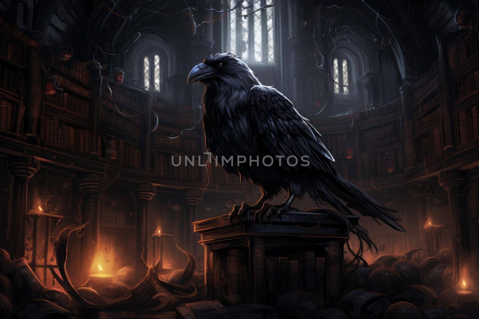 Raven ancient library old. Culture volume. Generate Ai