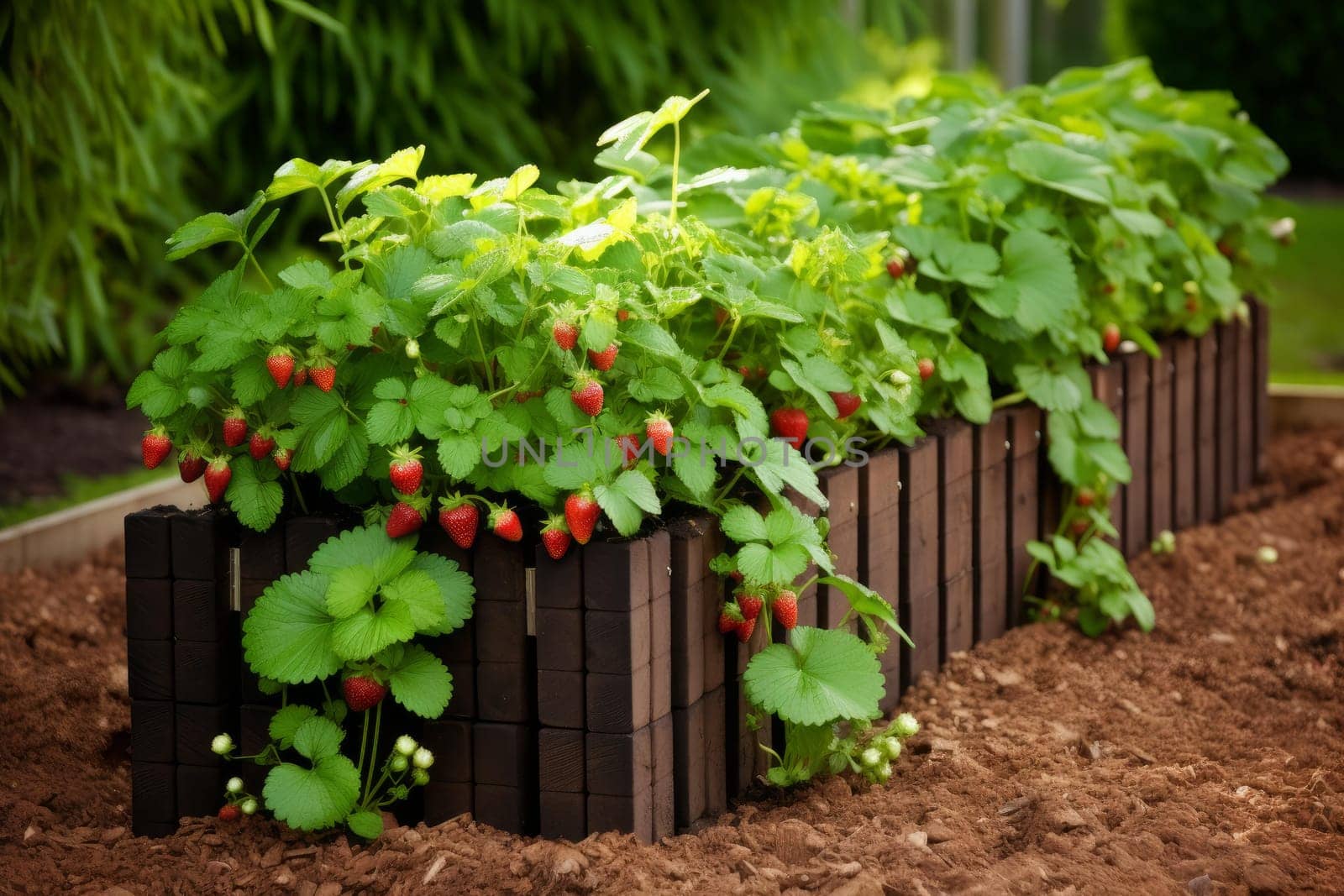 Rectangular sleep beds strawberry garden. Plant crop. Generate Ai