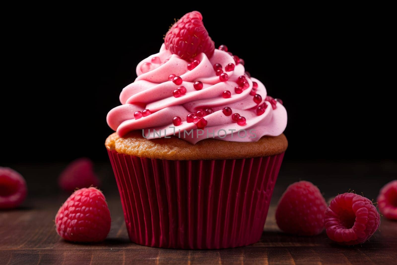 Raspberry cupcake. Fruit dessert cup. Generate Ai
