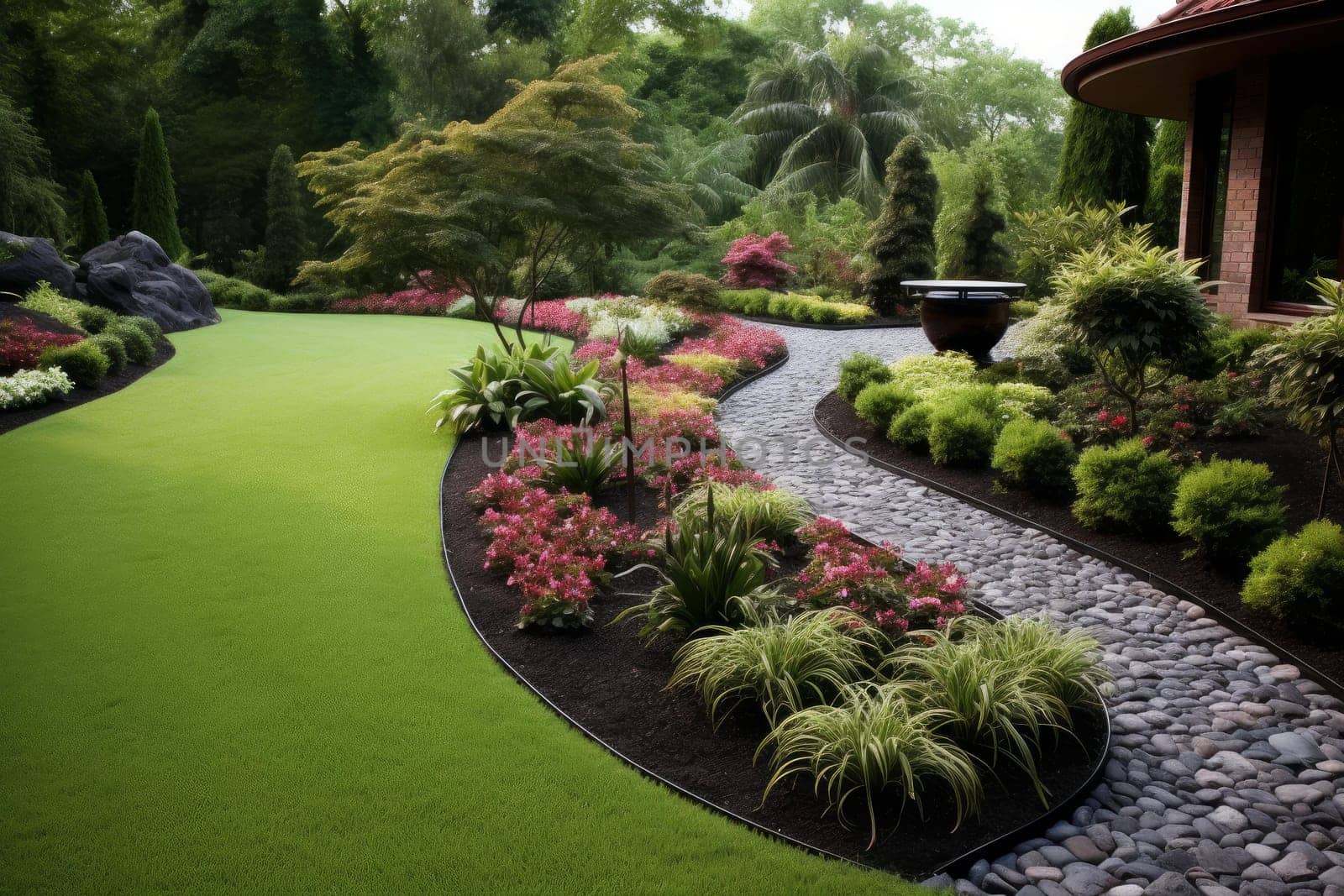 Flower beds paths backyard. Summer nature. Generate Ai