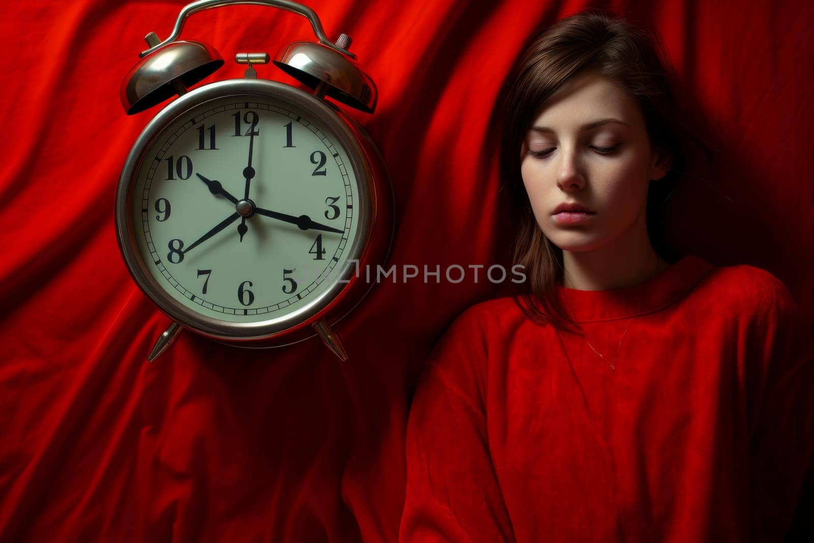 Red alarm clock watch. Bell color dial. Generate Ai
