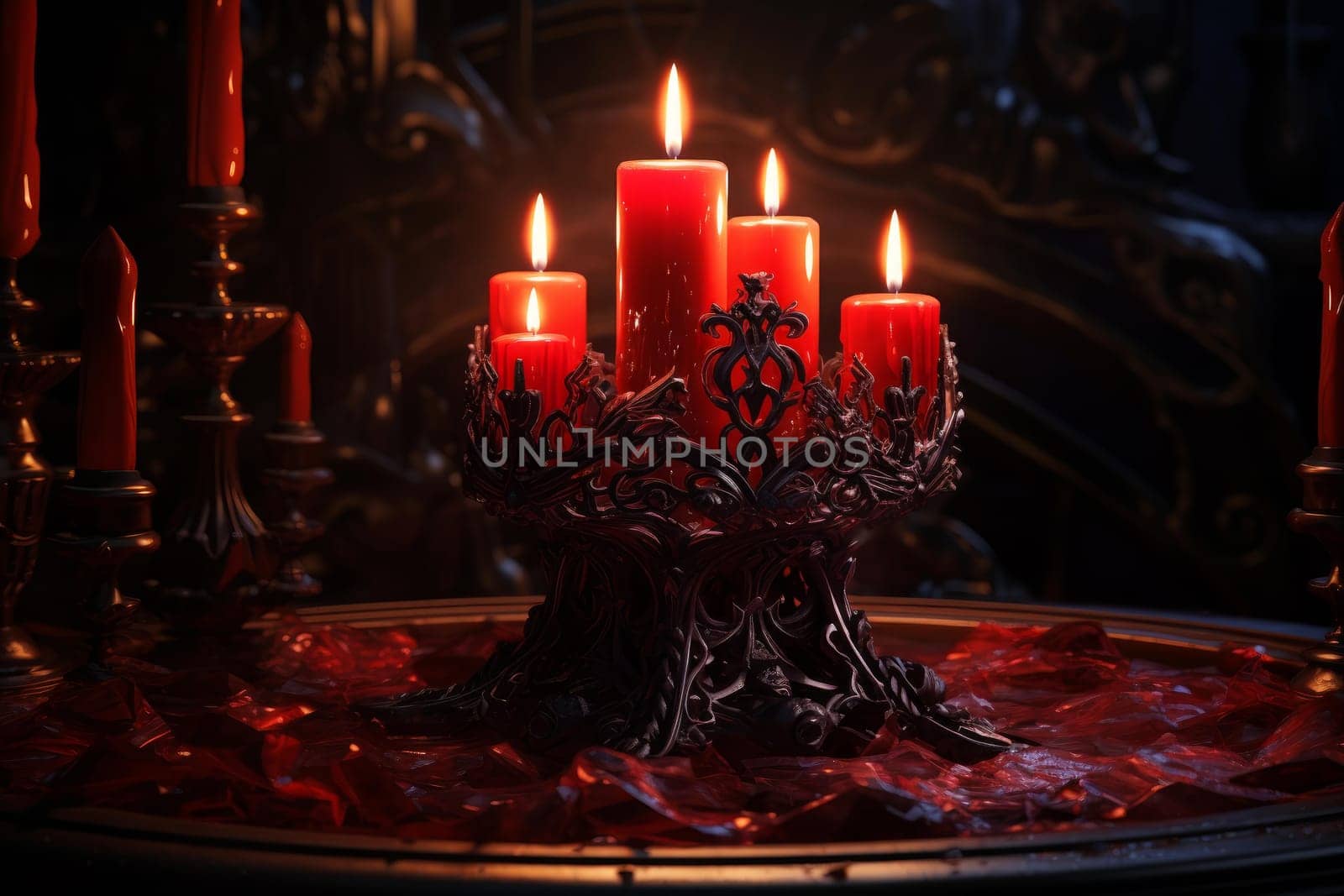 Red candle burn gothic. Rose love. Generate Ai