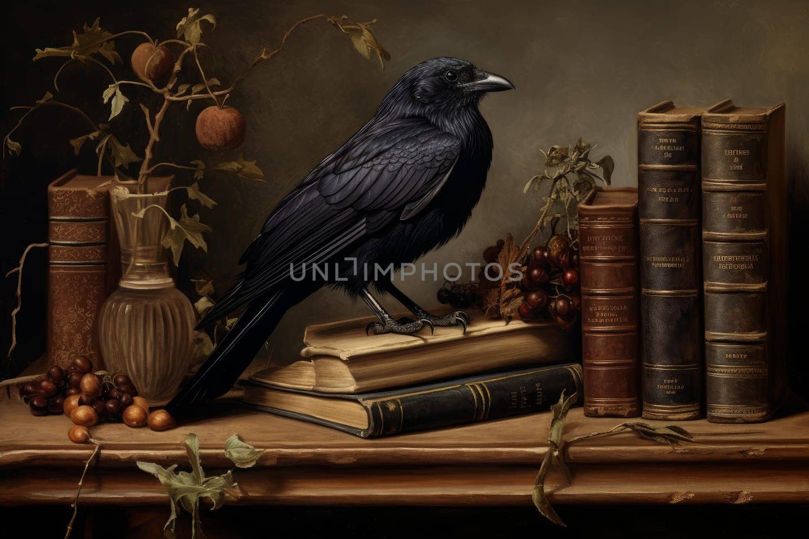 Raven history ancient library. Past volume. Generate Ai