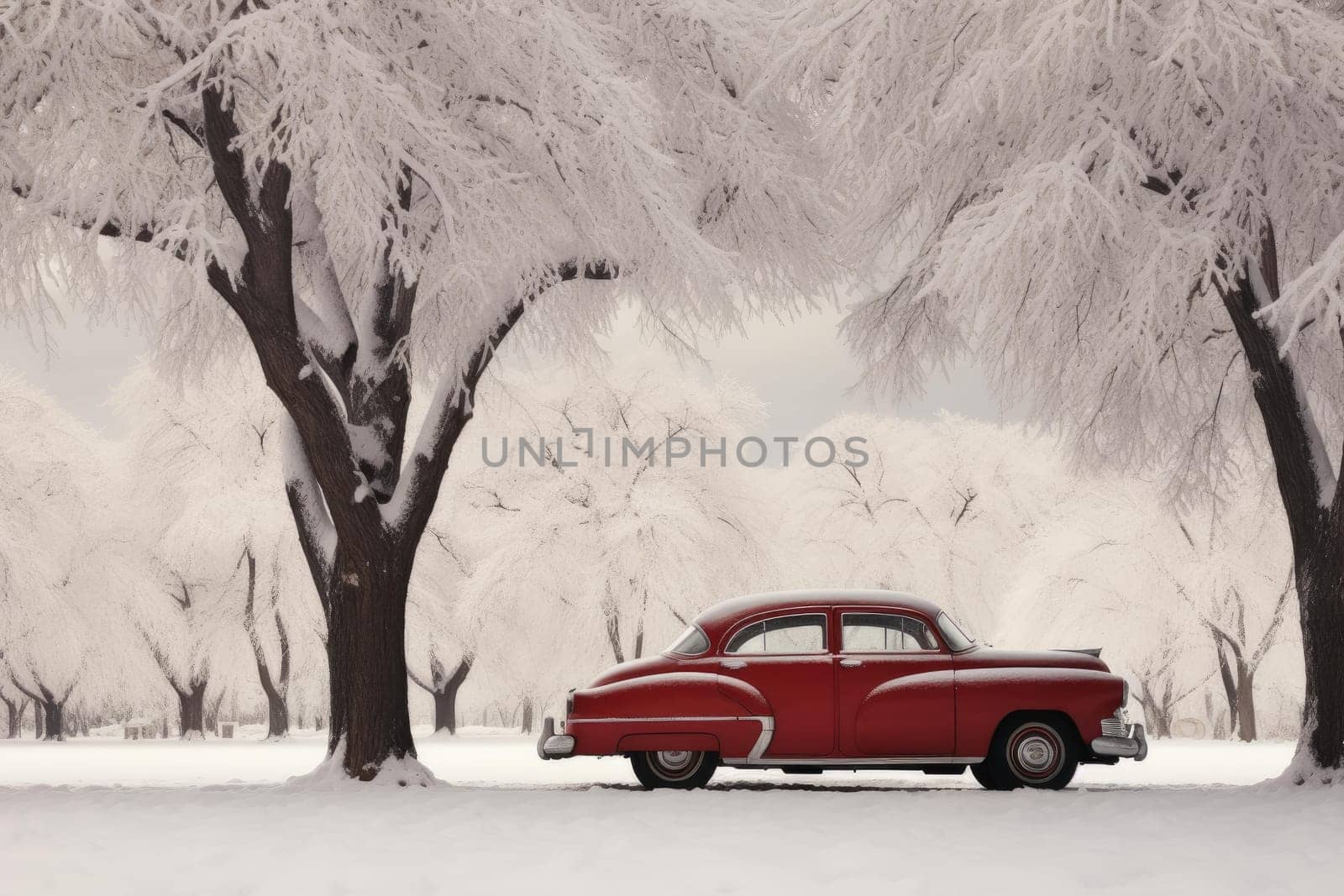 Red car winter. Snowy forest and roadway auto travelling. Generate ai