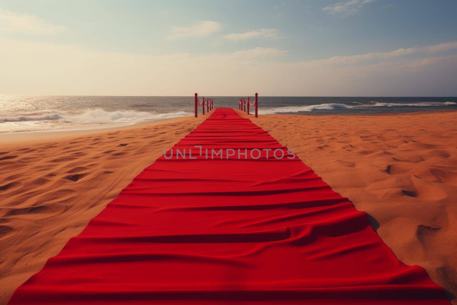 Red carpet beach. Holiday sand coast. Generate Ai