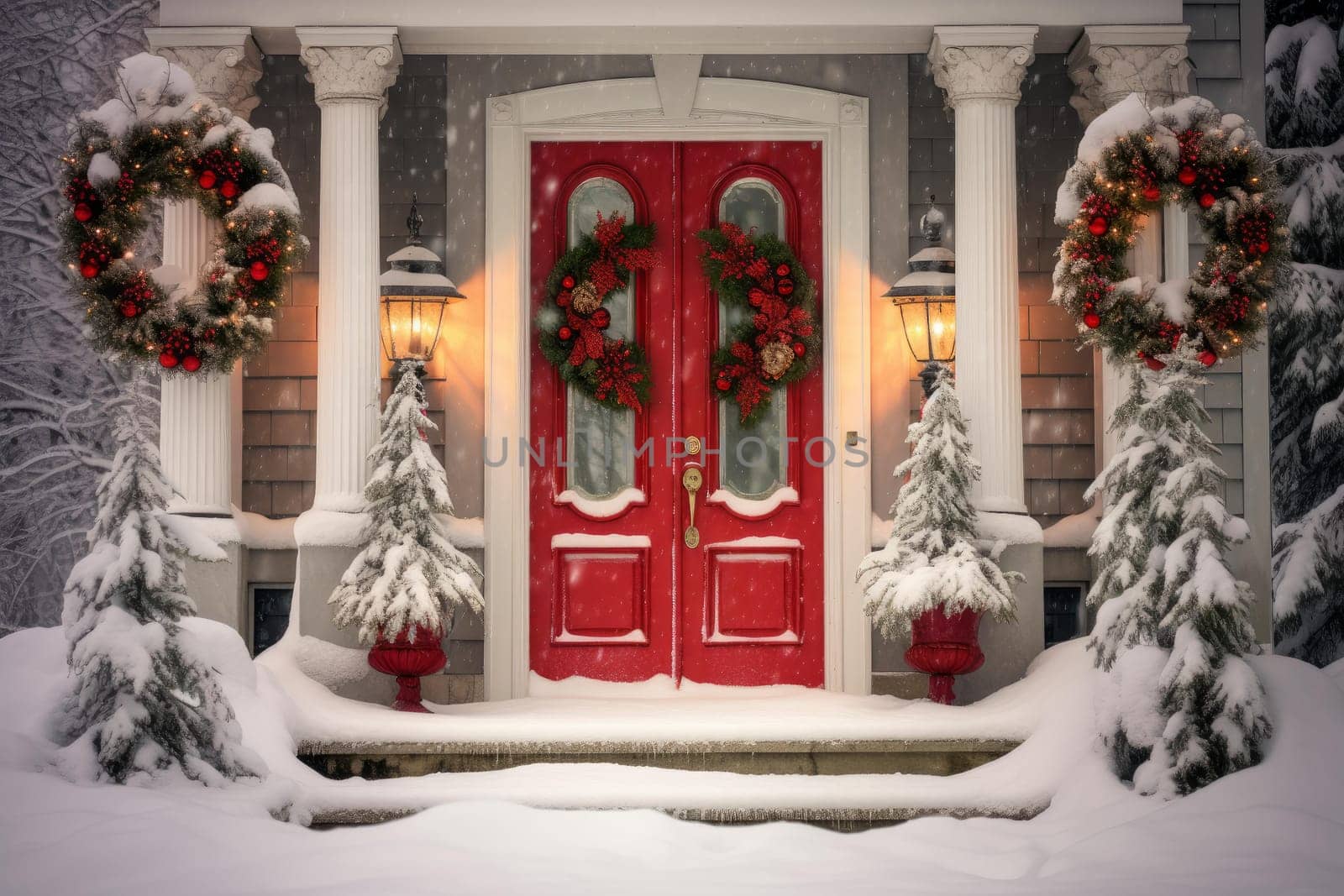 Door Christmas colorful decoration. Red door exterior with colorful lights. Generate Ai
