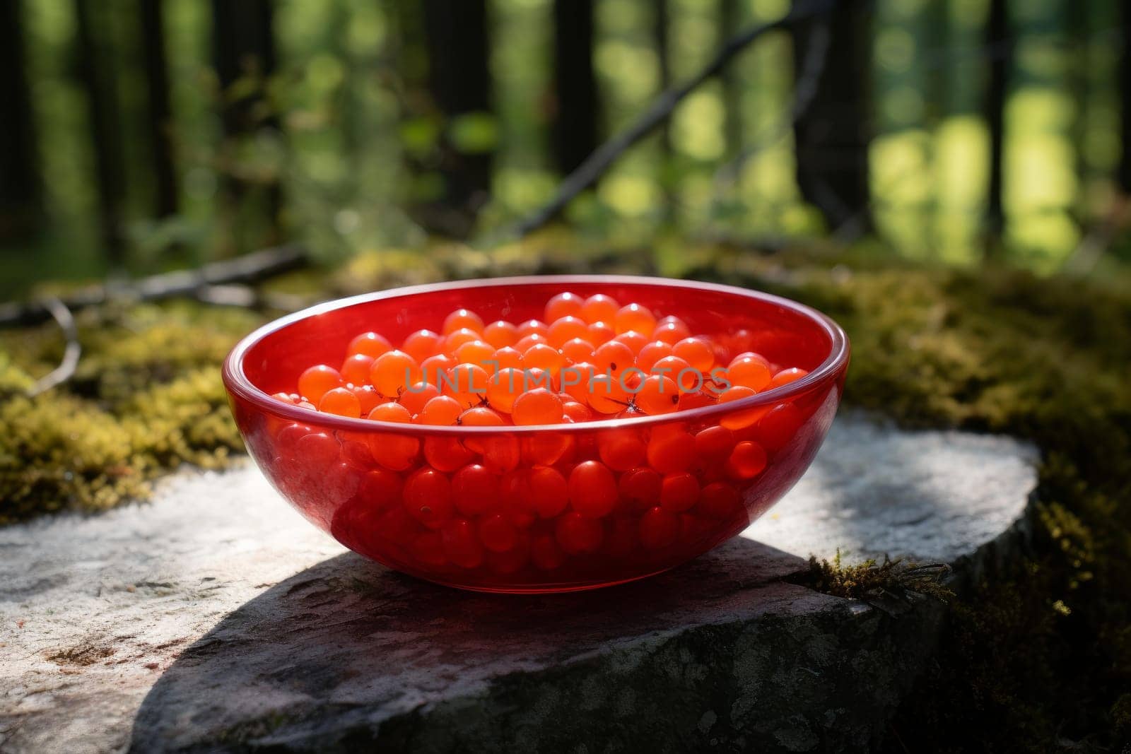 Red cloudberry with leaves in bowl. Fresh natural wild mountain berries. Generate ai