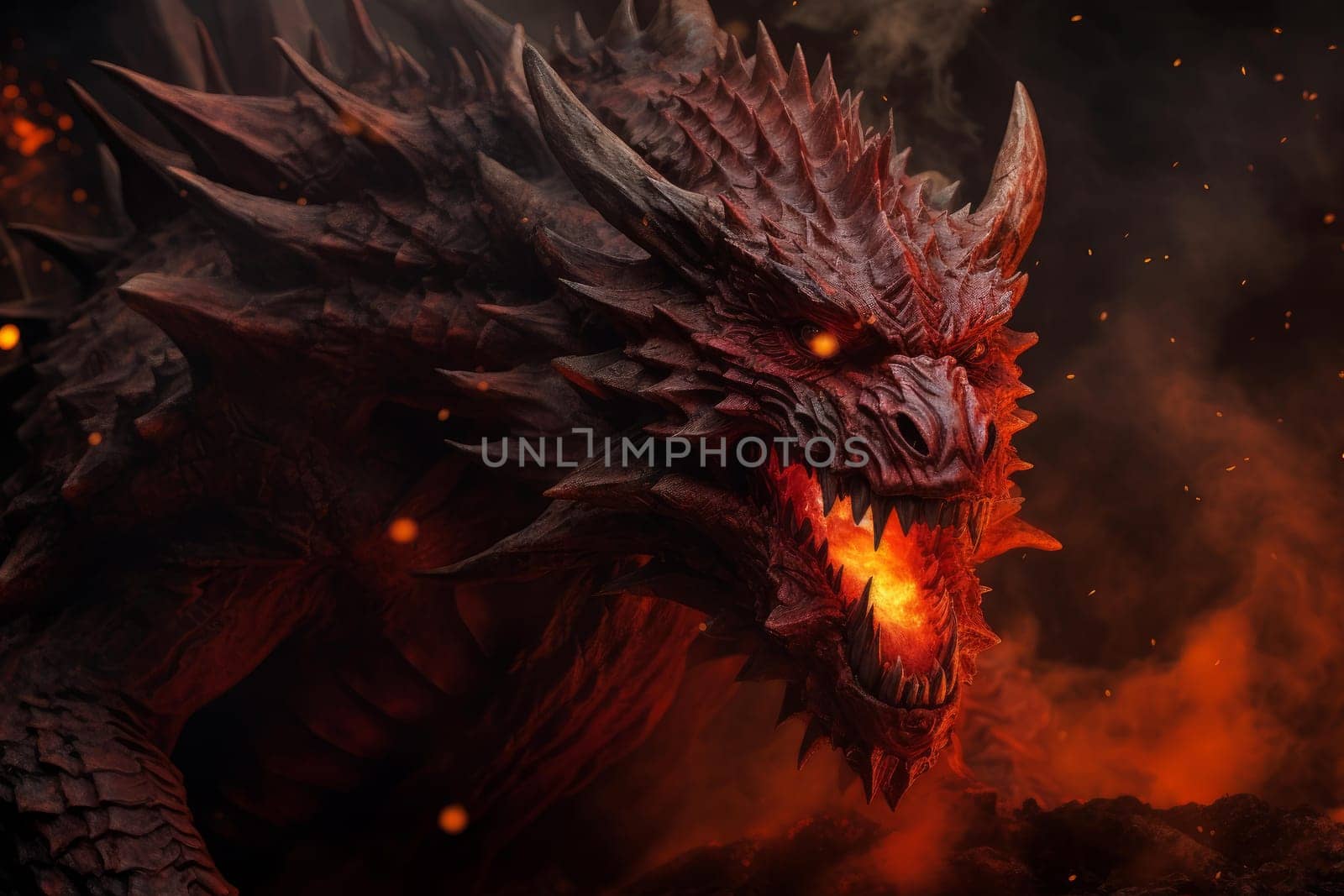 Red dragon fantasy fire. Animal wings. Generate Ai
