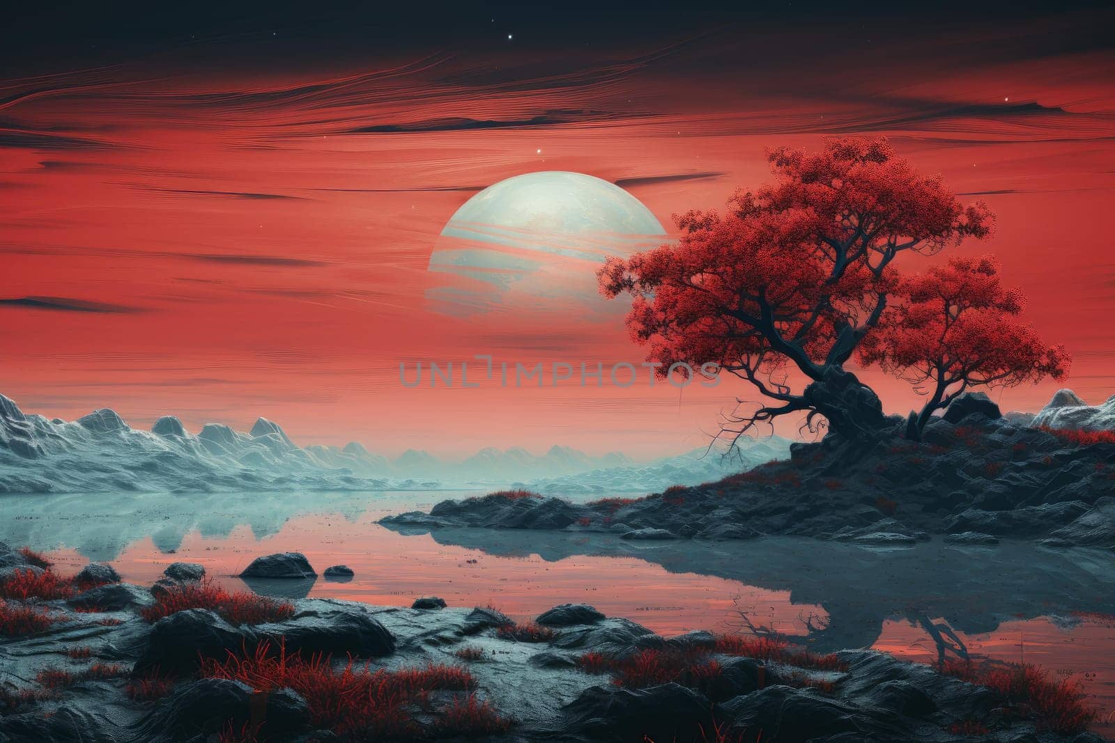 Red blue landscape. Color nature. Generate Ai