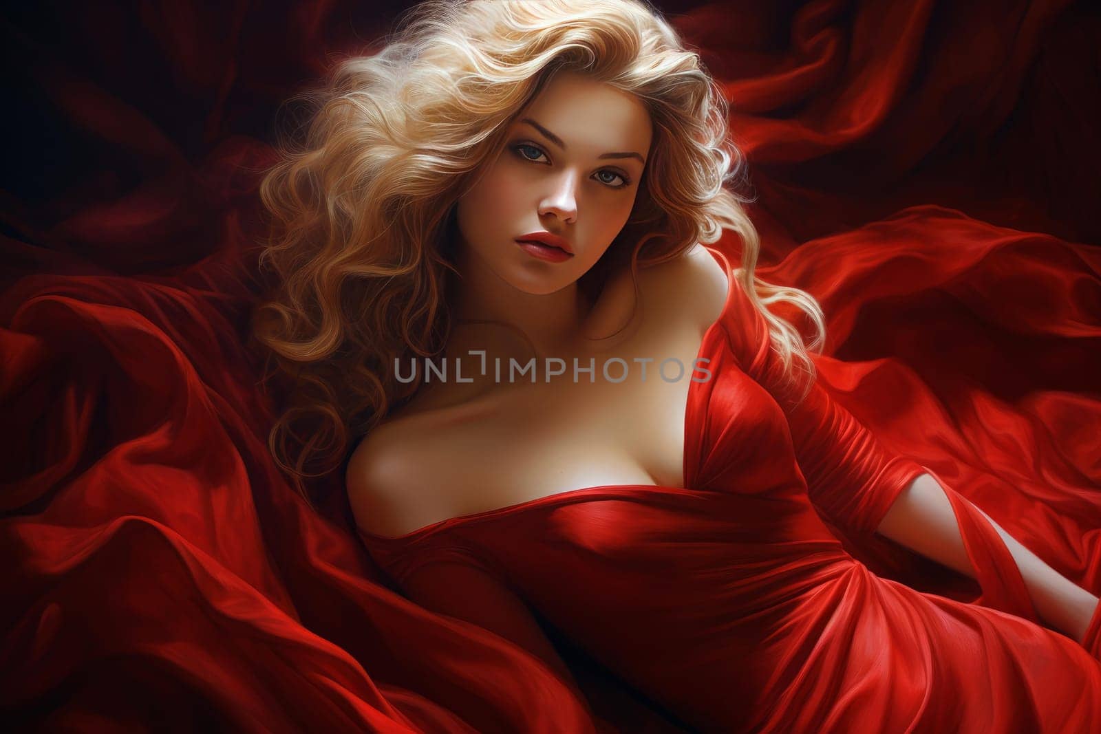 Woman wearing red elegant dress. Stylish model lady with bun hairstyle. Generate ai