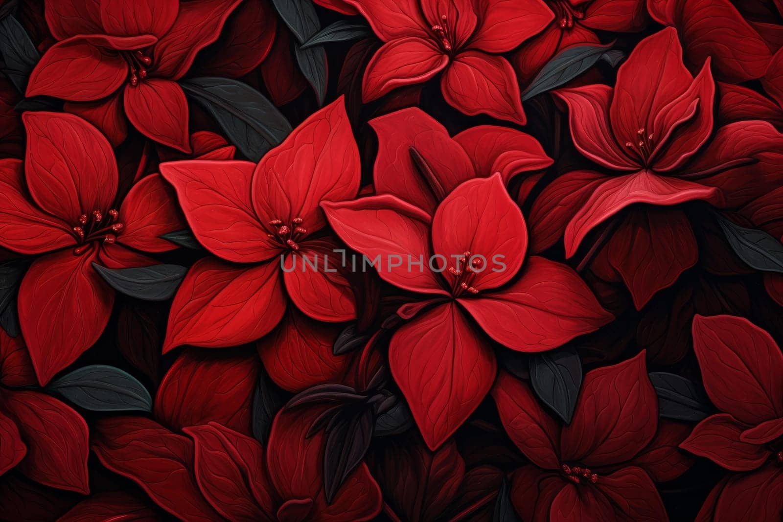 Red flowers leaves. Floral nature. Generate Ai